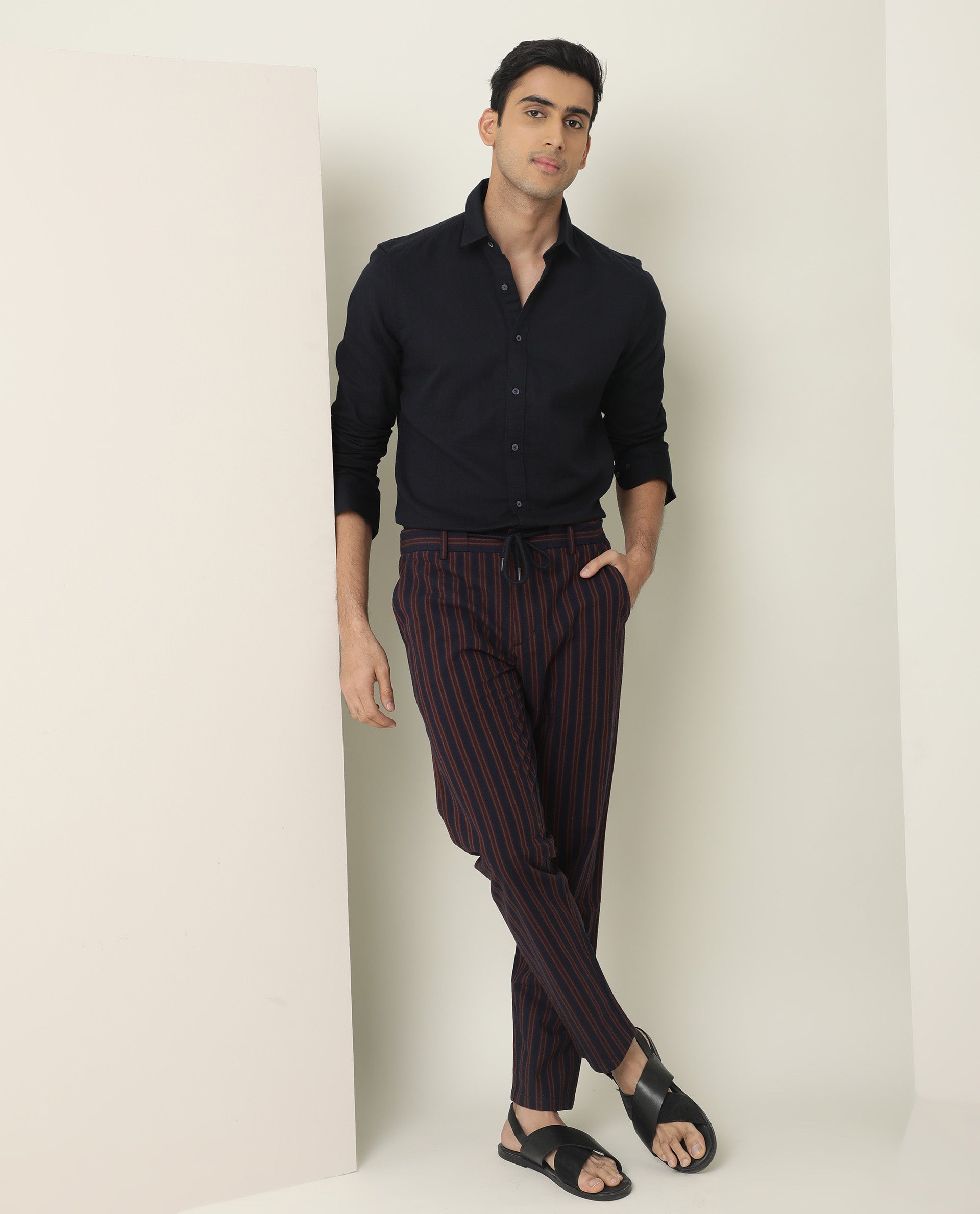 Rare Rabbit Men's Banny Navy Mid-Rise Regular Fit With Drawstring And Elastic Waistband Striped Trouser - view 5