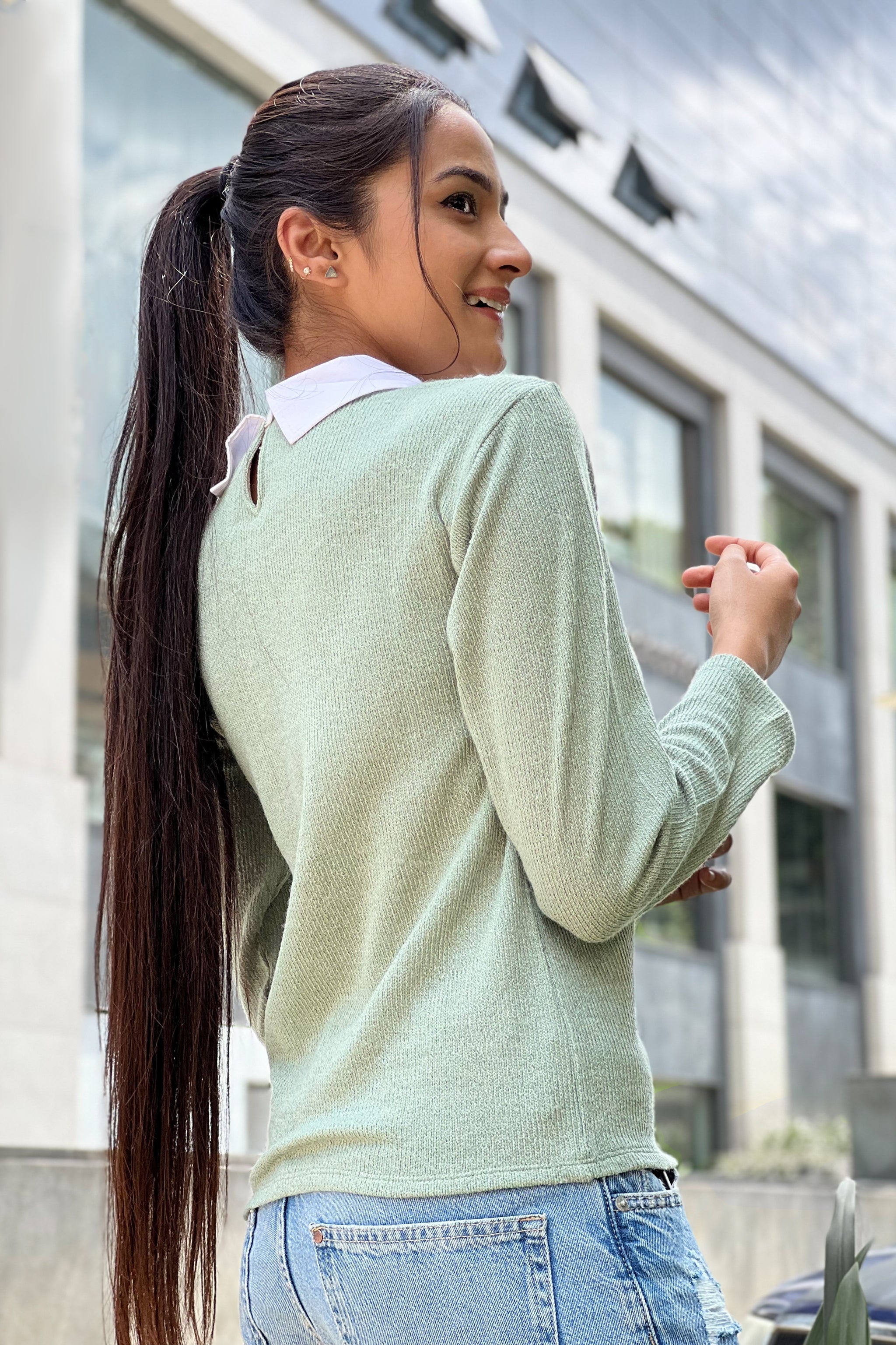 Normcore Long Sleeve Contrast Collar Top – Mint - view 4