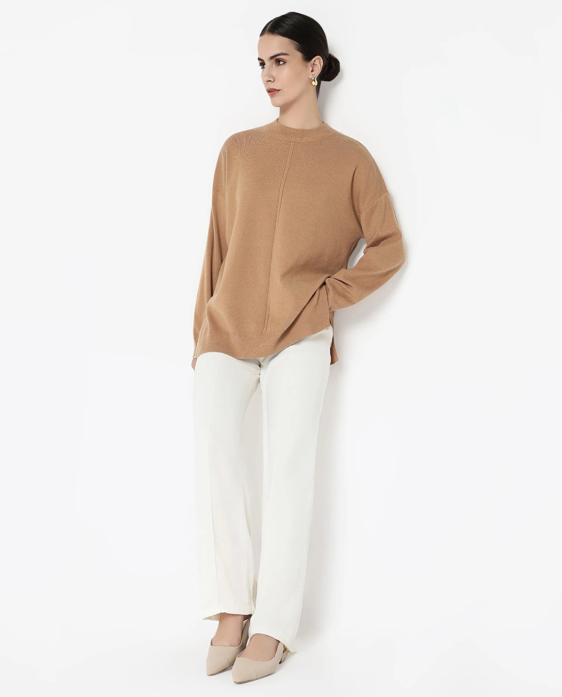 Rareism Women Omerli T Beige Oversized Fit Plain Sweater - view 8