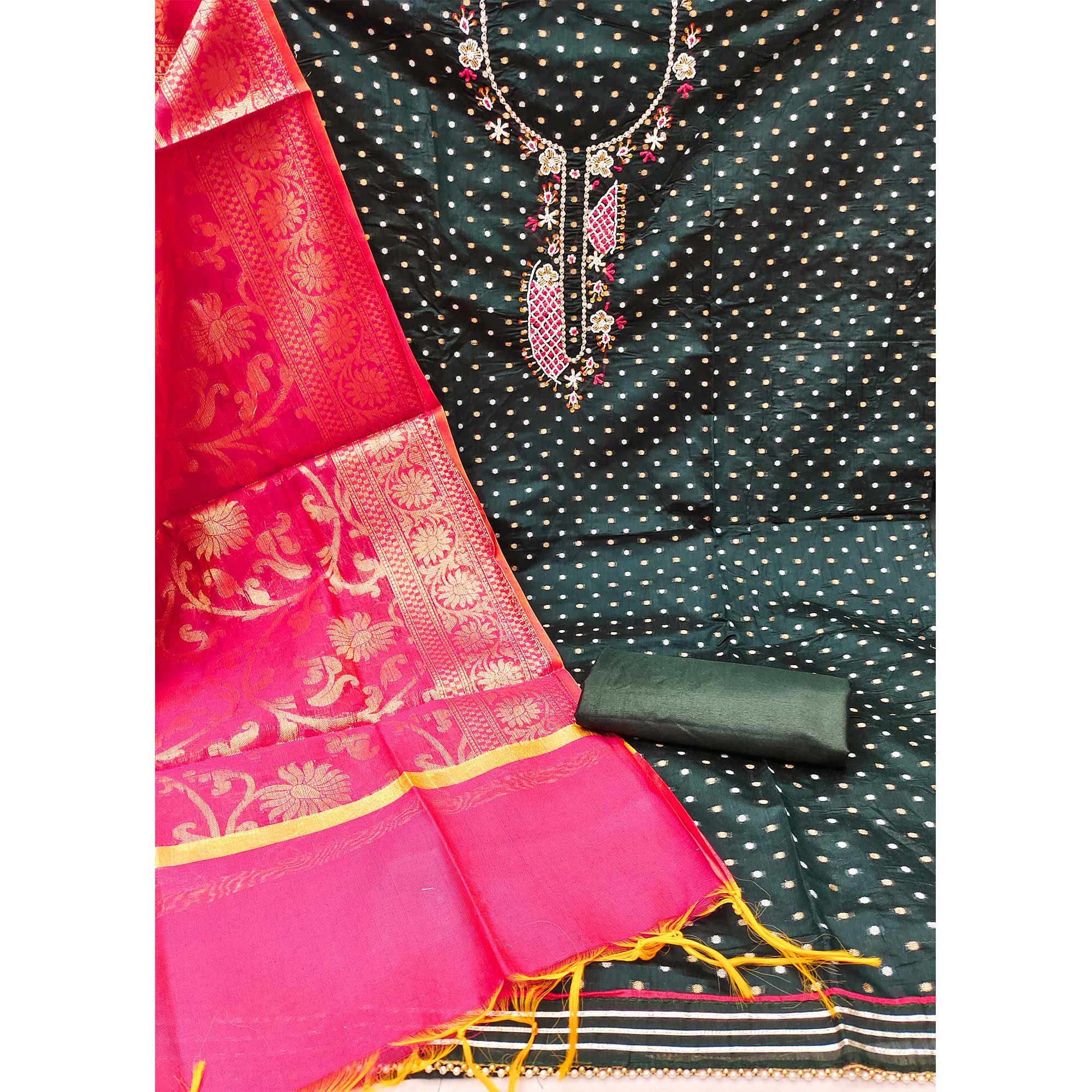 Peachmode Bottle Green Woven With Hand Embroidery Chanderi Dress Material - view 4