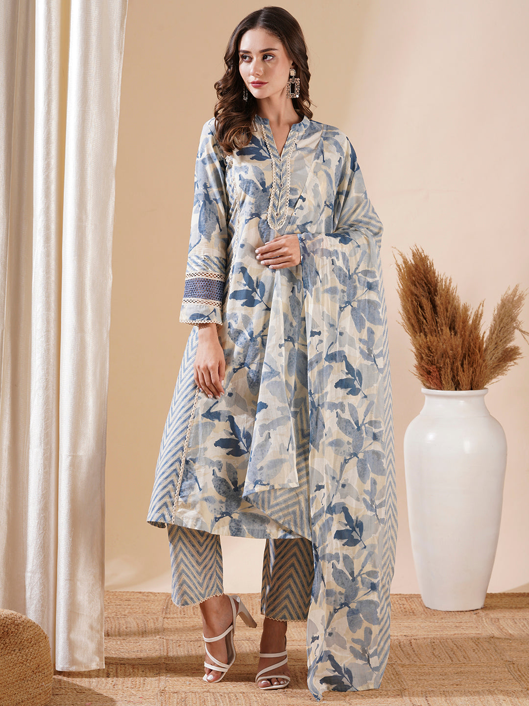 Fashor Abstract Printed Lace Work Paneled A-line Kurta with Pants & Dupatta - Blue