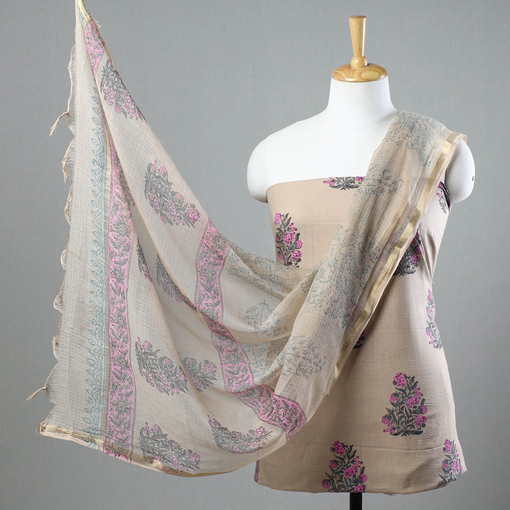 KUSUMLATA 3pc Sanganeri Block Printed Cotton Suit Material with Kota Doria Dupatta 06