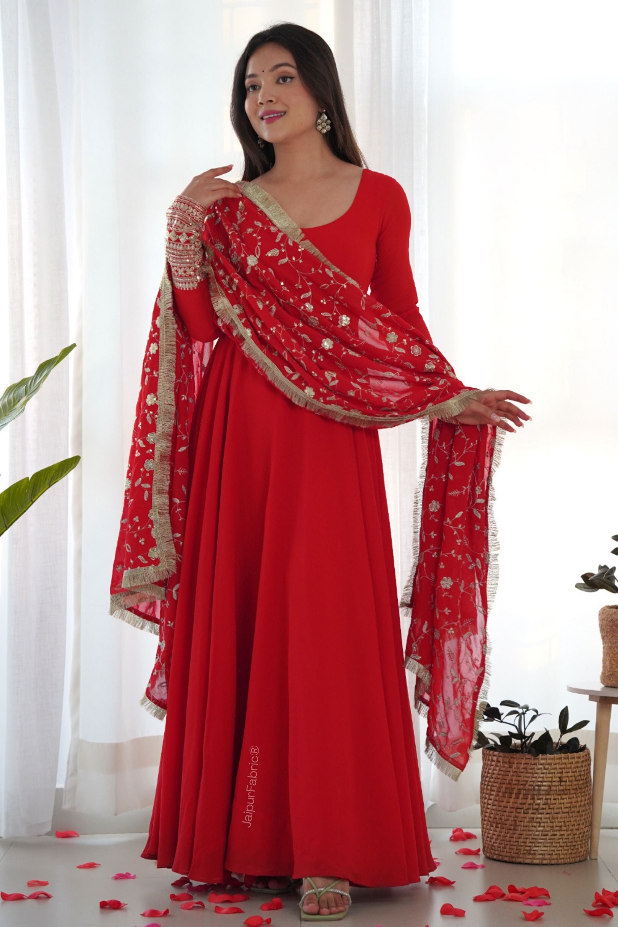 JaipurFabric® Red Readymade Anarkali Suit In Georgette - view 2
