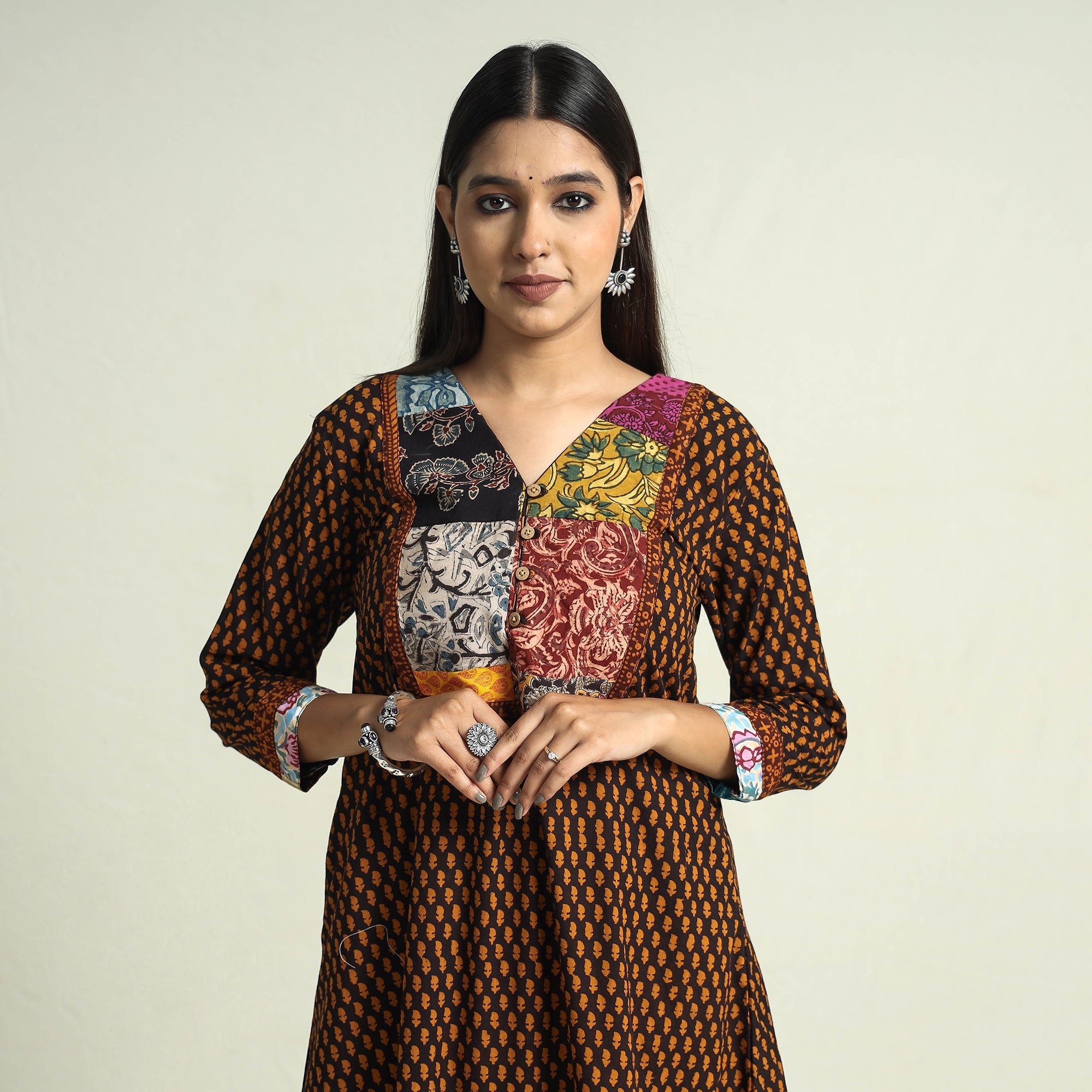 ITOKRI CASUALS Brown - Block Print Cotton Patchwork A-Line Bagh Kurta