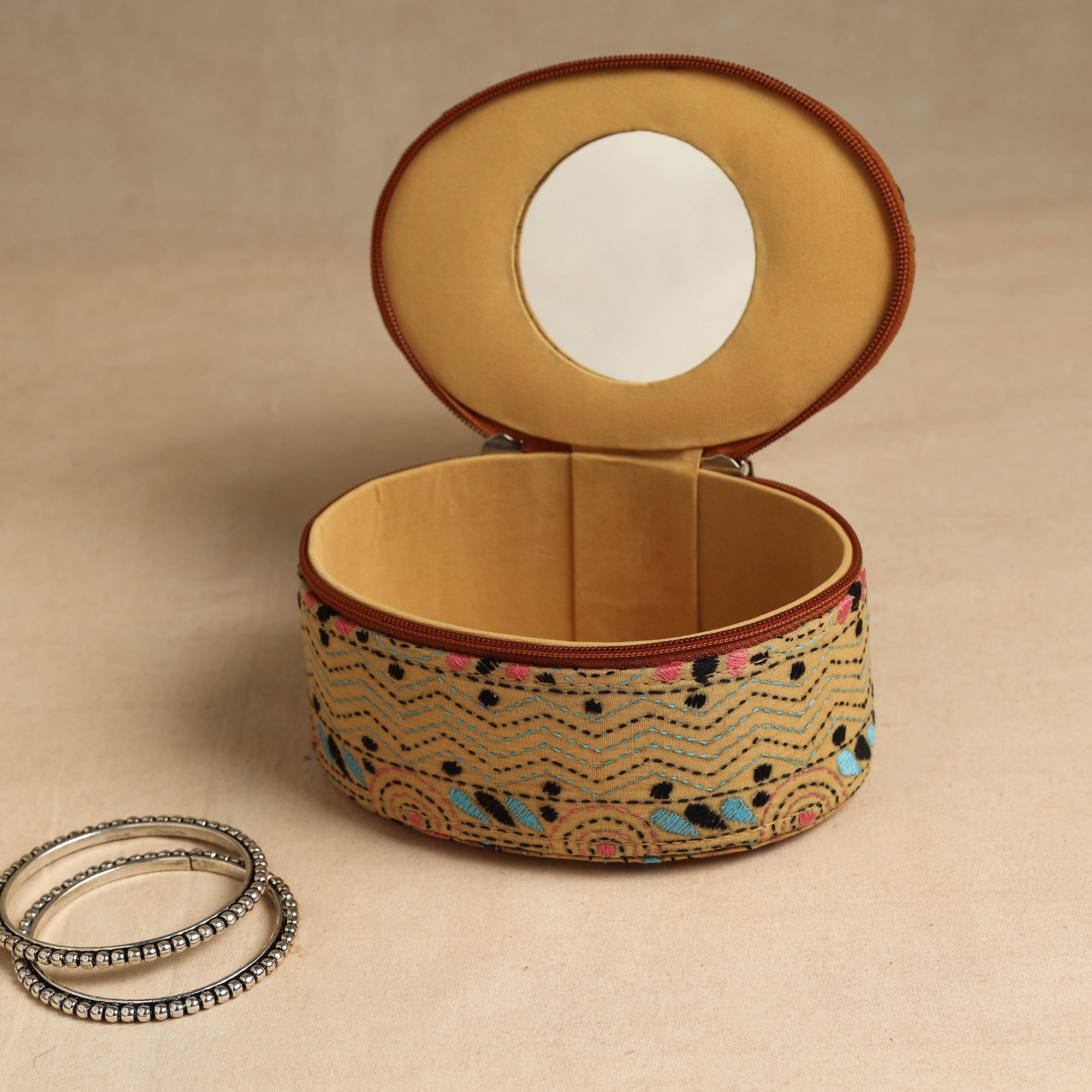 ASALKAAR Brown - Bengal Kantha Work Handcrafted Oval Jewelry Box with Mirror 15 - view 2
