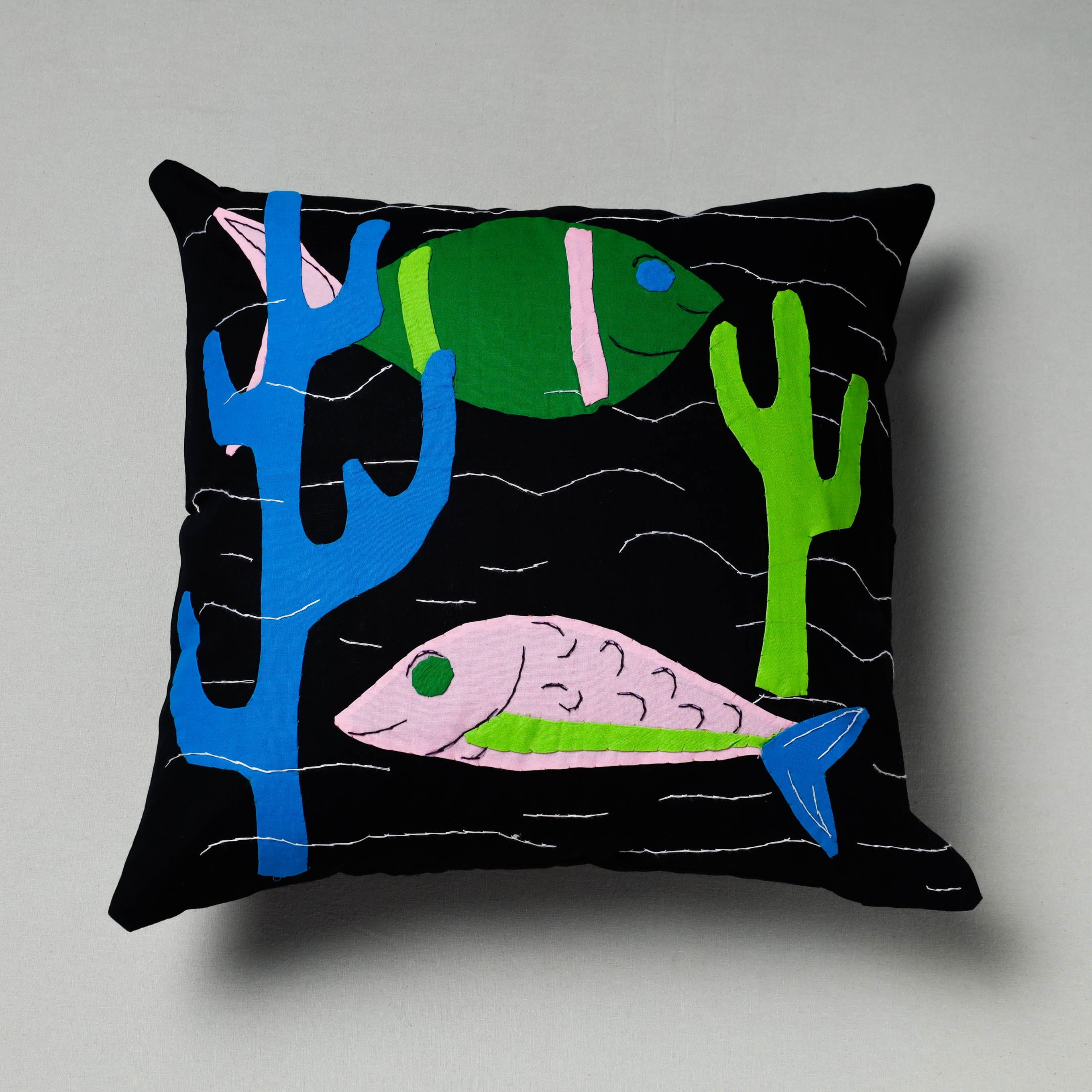 ASHOKA ASSEMBLE - CELEBRATING CRAFTS OF ODISHA Black - Pipli Applique Work Cotton Cushion Cover (16 x 16 in)