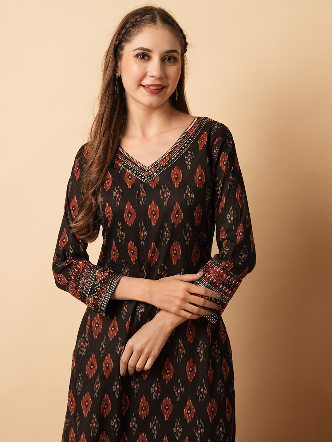 Fashor Abstract Printed Mirror, Resham & Sequins Embroidered Kurta - Coffee Brown