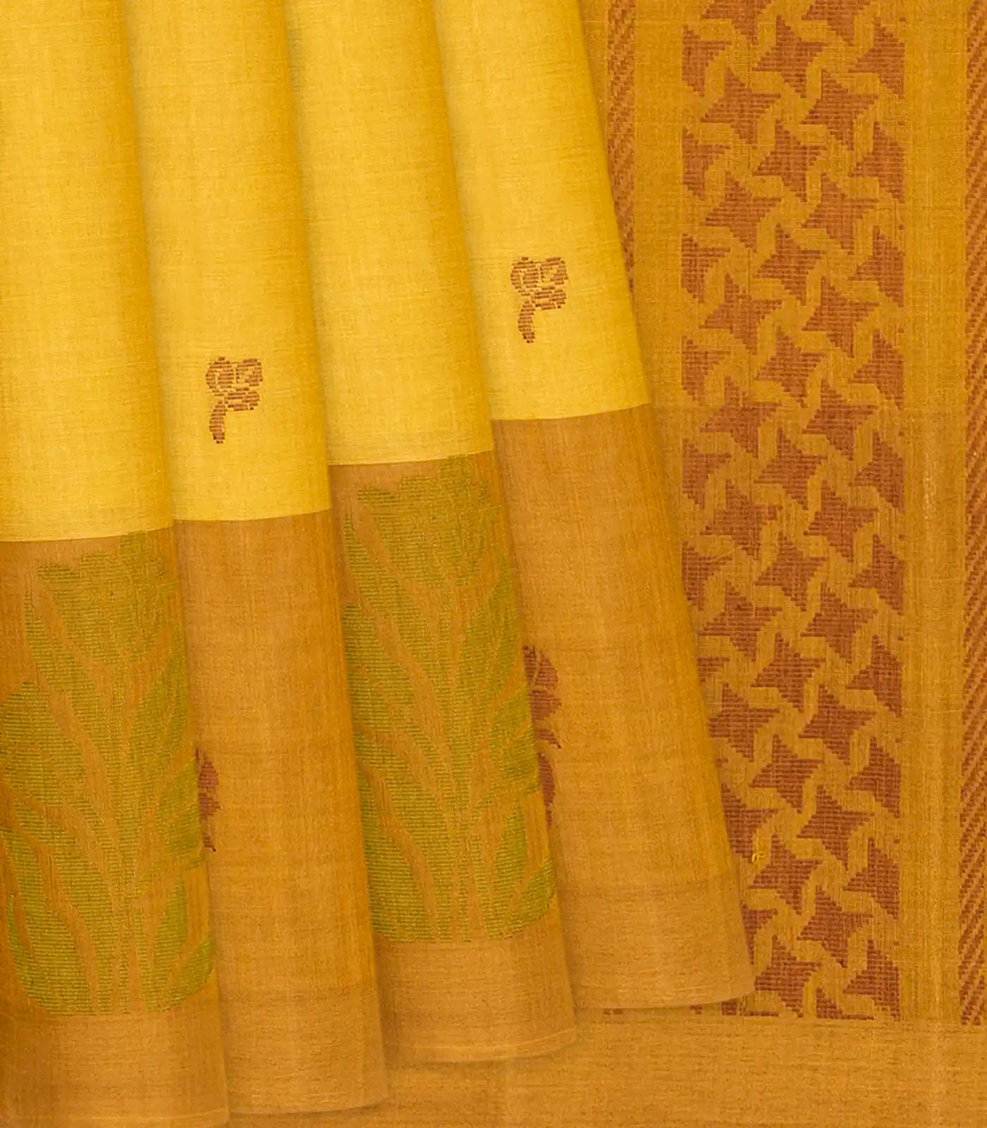 RmKV Lemon Green Handloom Village Cotton Saree With Floral Motifs-Lime Green