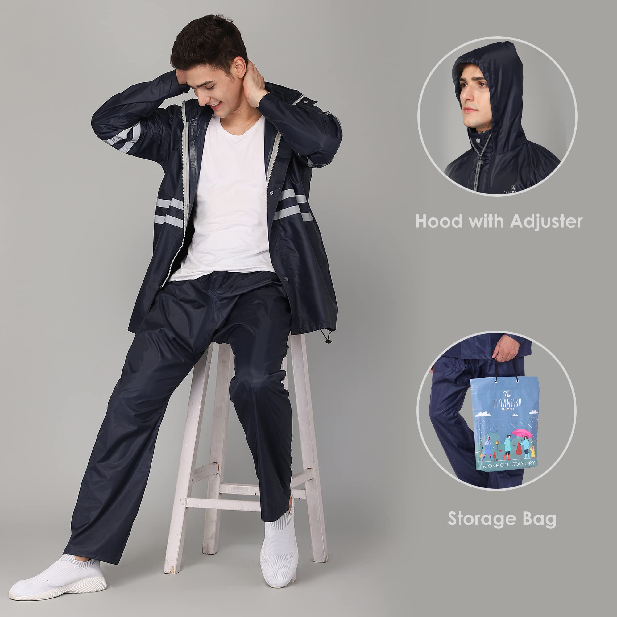 THE CLOWNFISH Darius Series Men's Waterproof Polyester Raincoat with Hood and Reflector Logo at Back for Night Travelling. Set of Top and Bottom. Prin - view 4