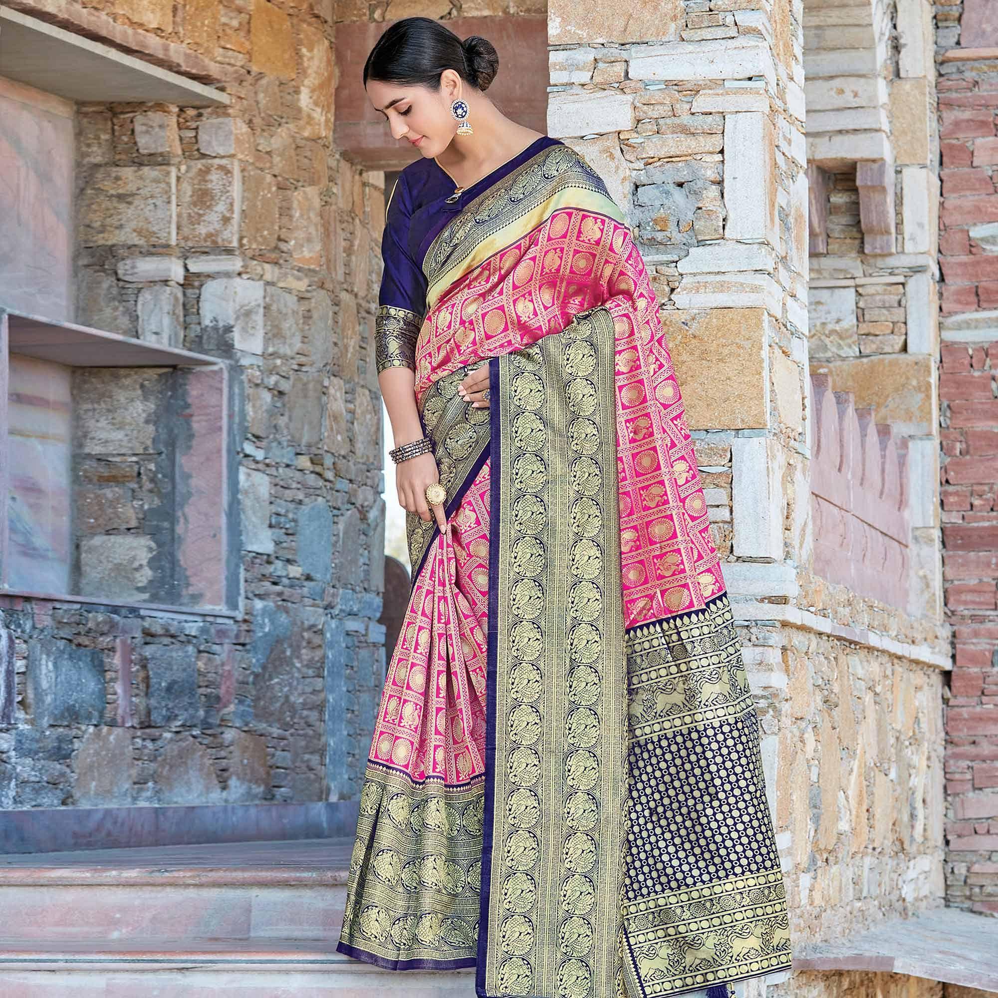 Peachmode Energetic Pink Colored Festive Wear Woven Silk Sareee