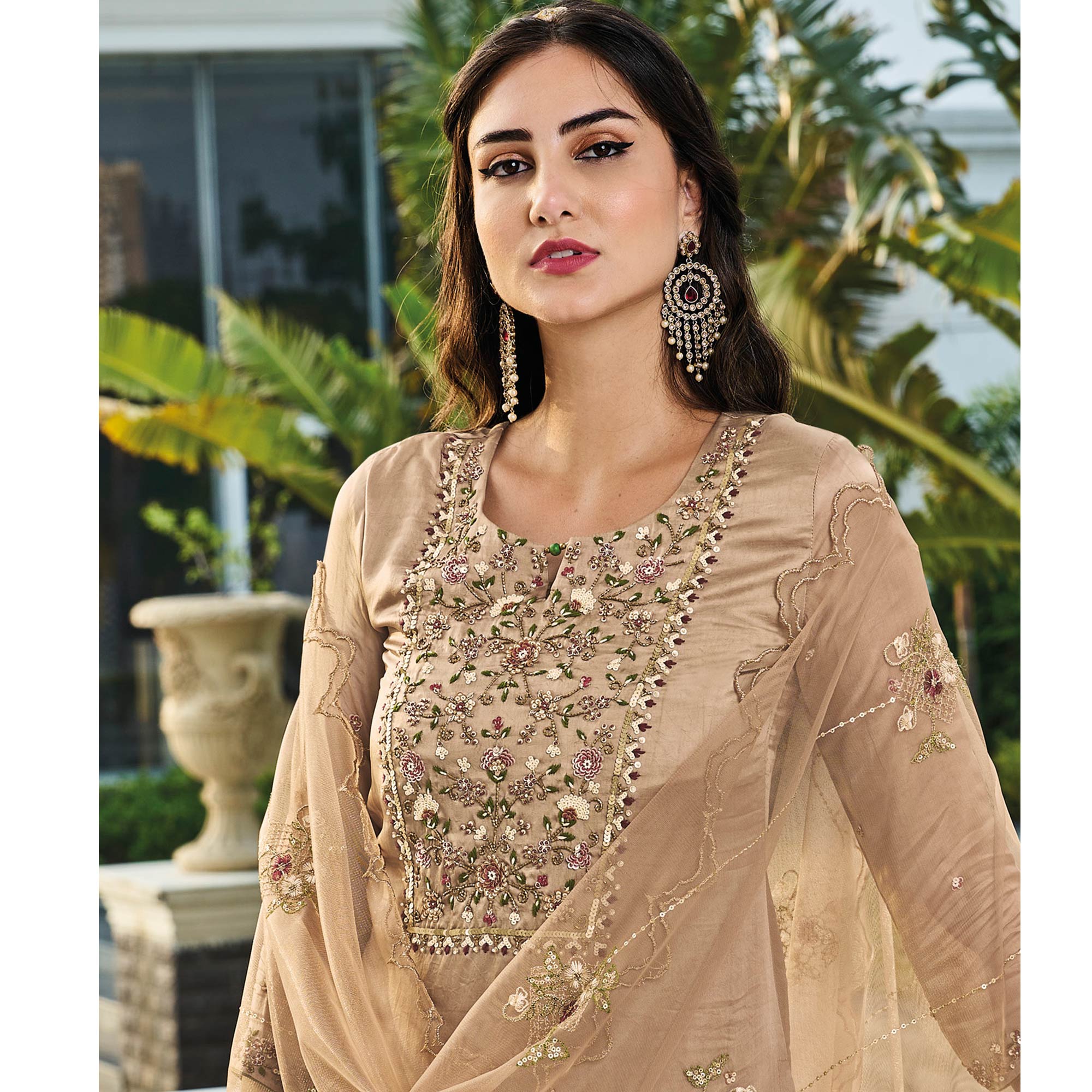 Peachmode Seller Chikoo Embroidered Chinon Sharara Suit - view 5