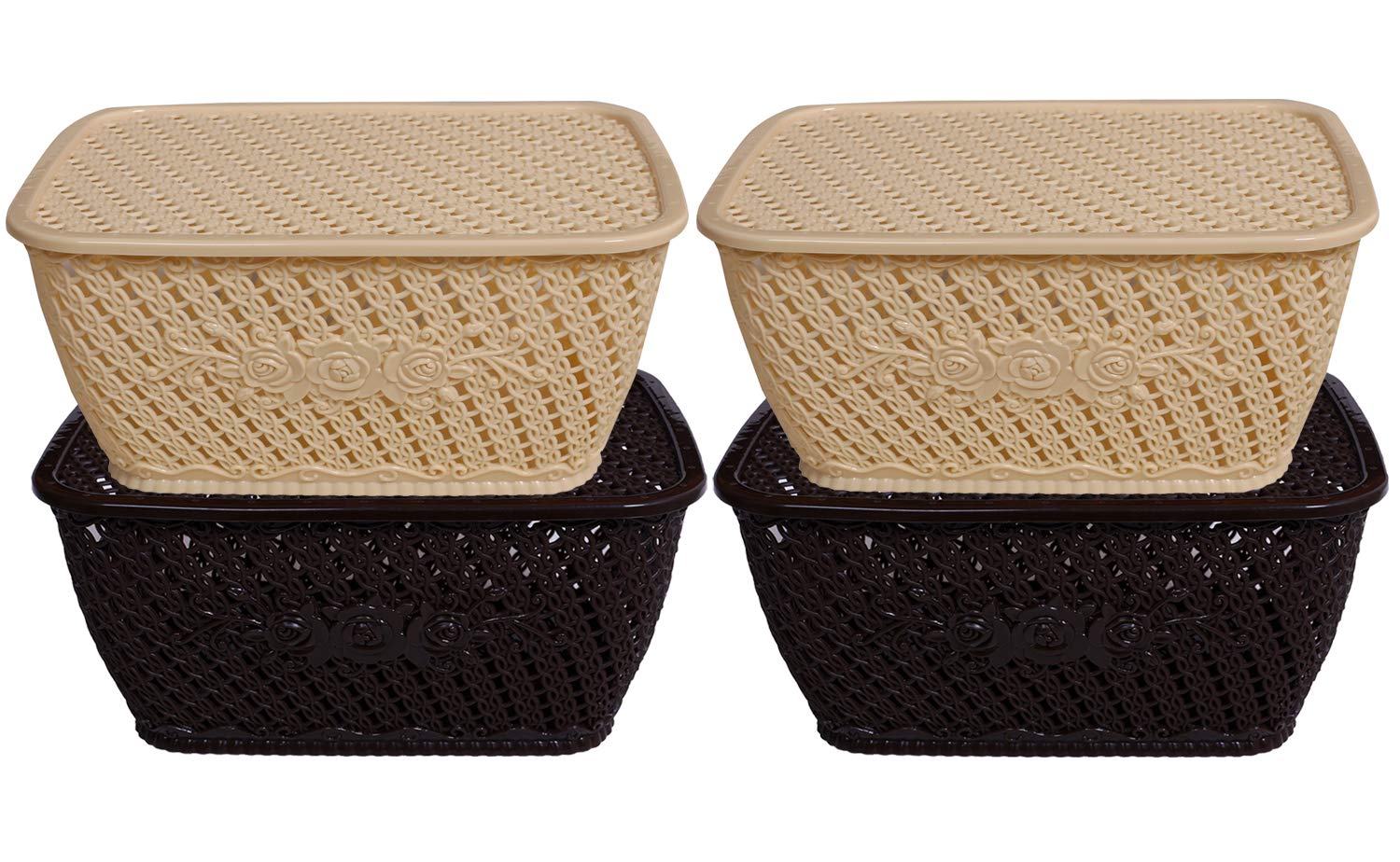 Kuber Industries Plastic 4 Pieces Small Size Multipurpose Solitaire Storage Basket for Kitchen, Office, Bedroom, Bath Room with Lid (Brown & Cream) CT