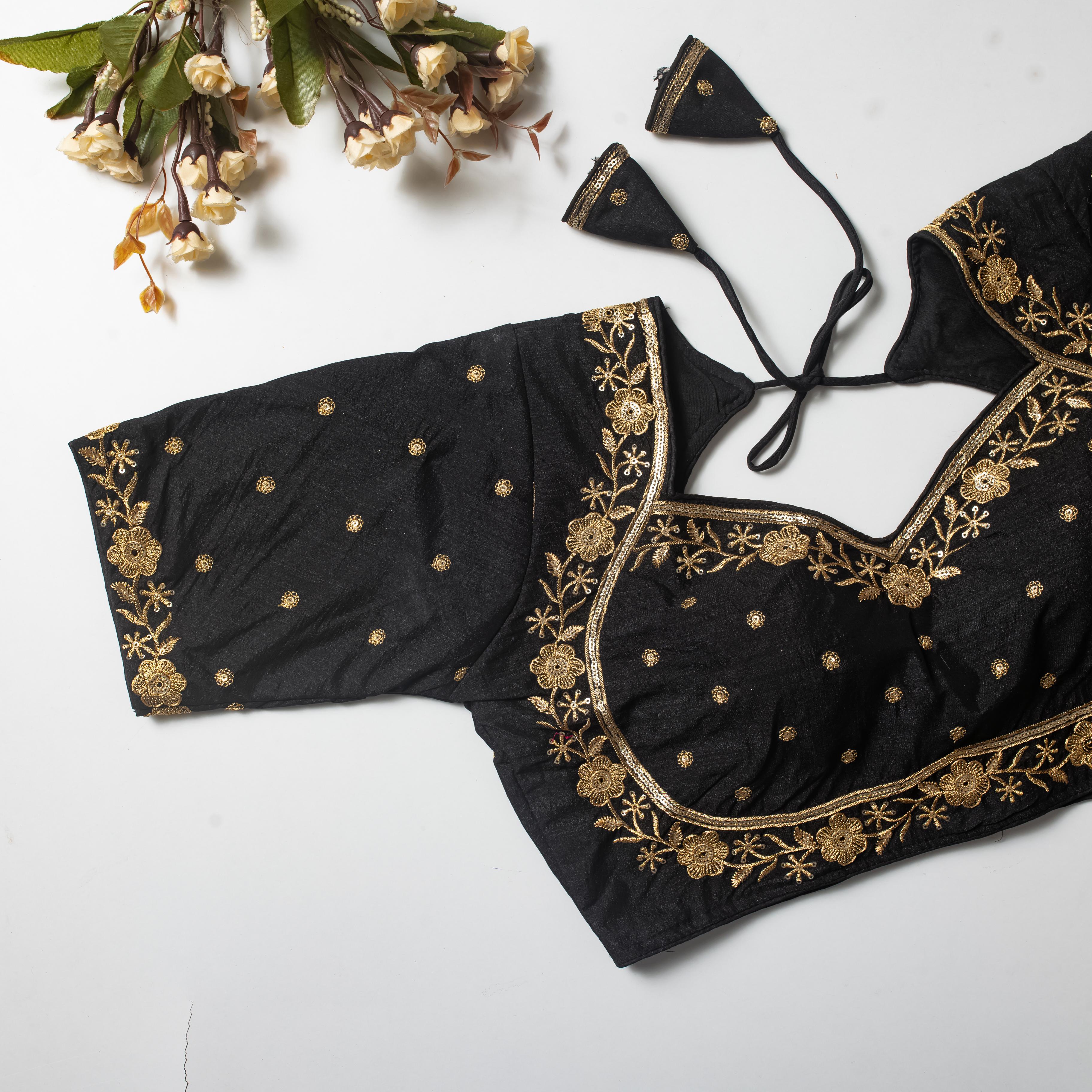 ClothsVilla Black Olive Silk Blouse with Golden Embroidery and Sequins