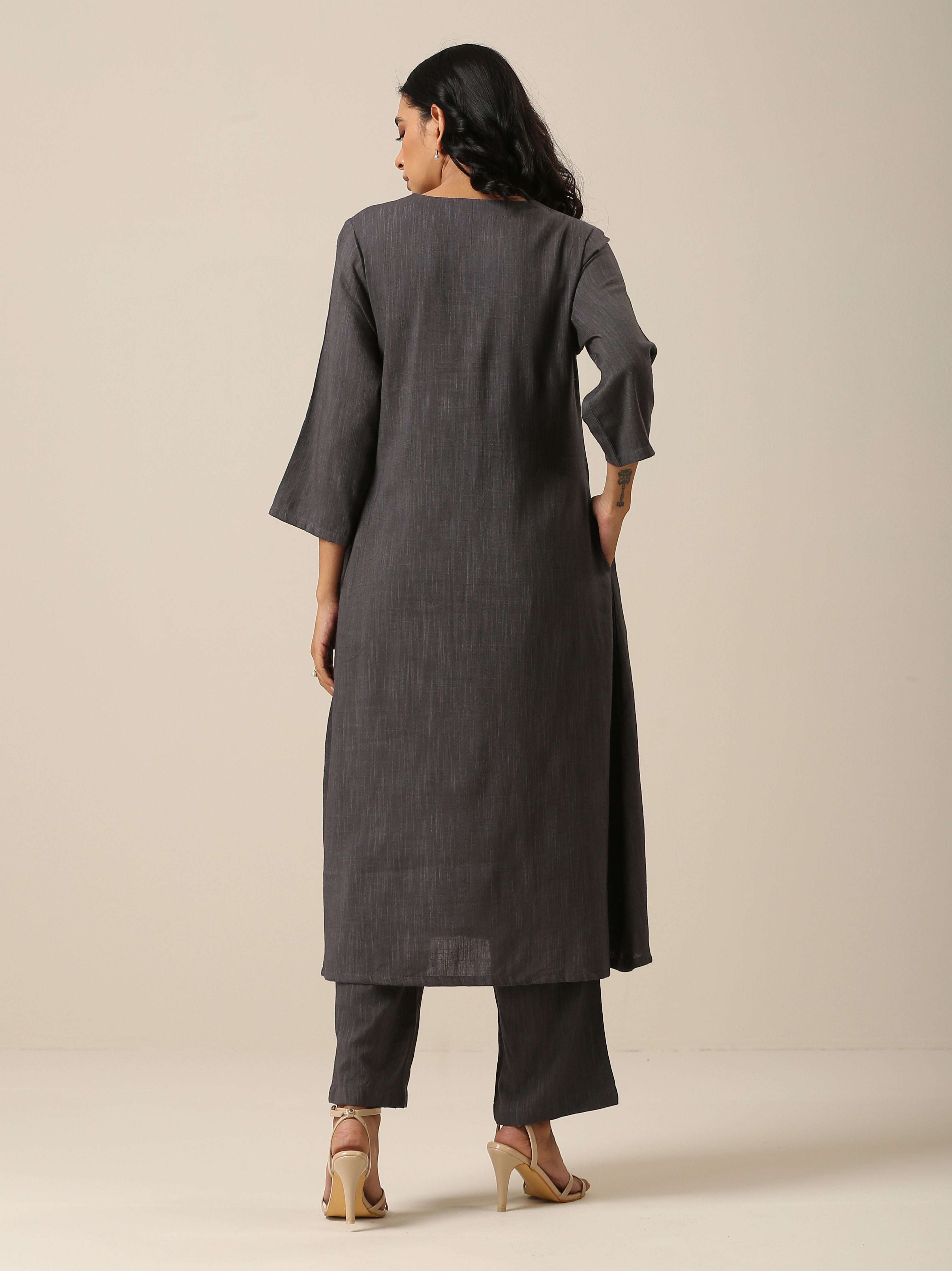 Slate Grey Slub Texture Overlap Pleat Kurta Pant Set | Relove - view 6