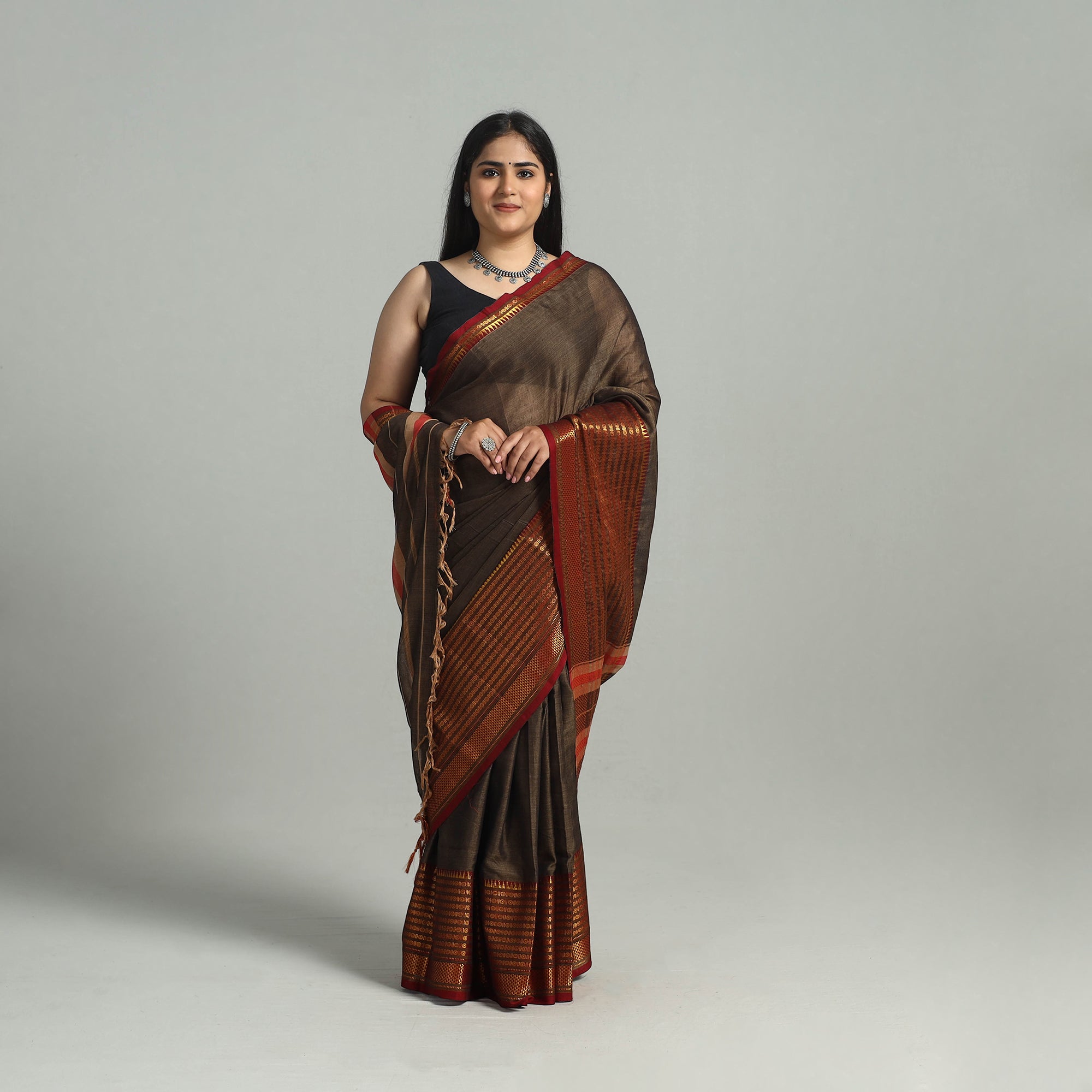 SOUTH KARGHA Brown - Dharwad Cotton Saree with Zari Border