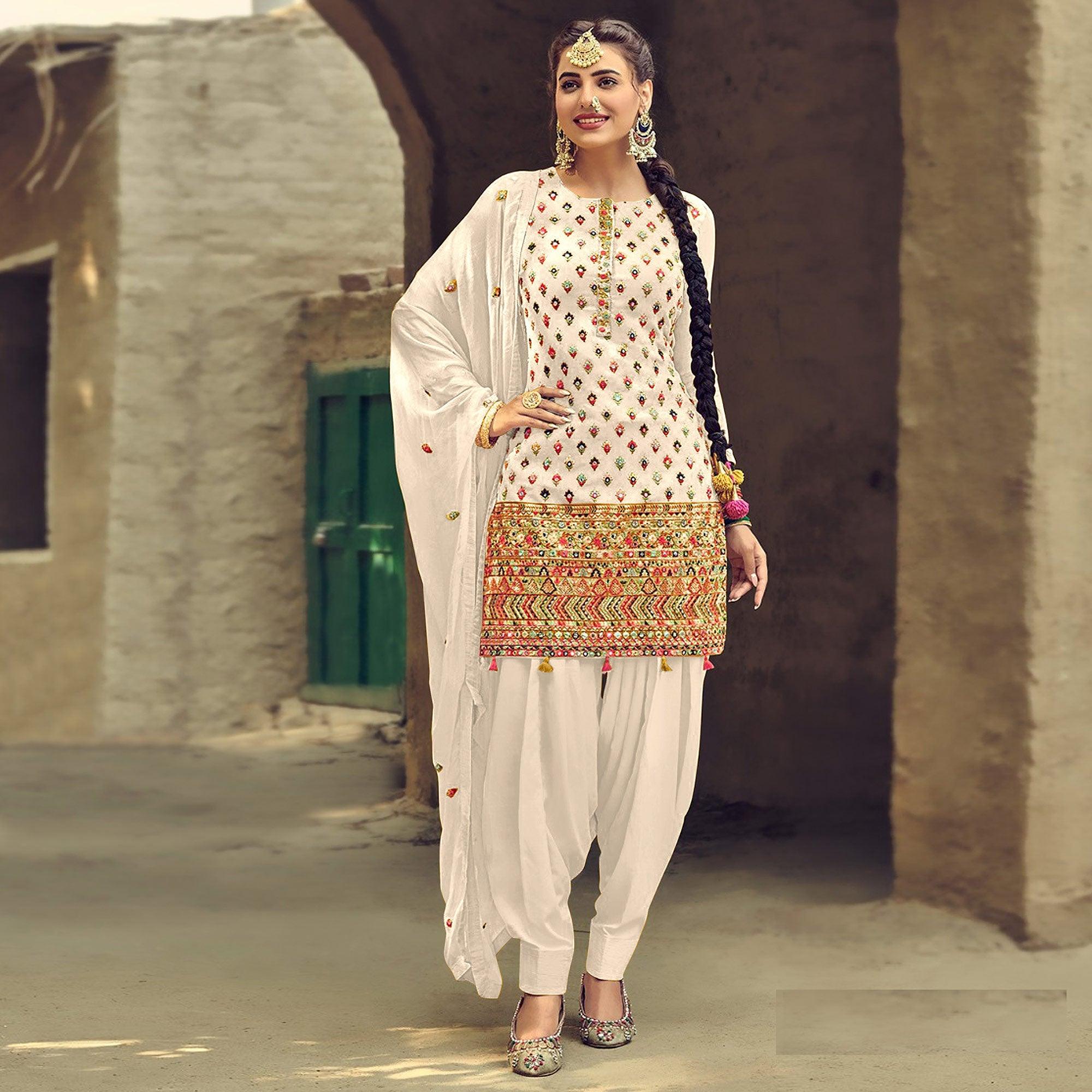 Peachmode Festive Wear White Sequins Embroidery Work Faux Georgette Patiala Suit