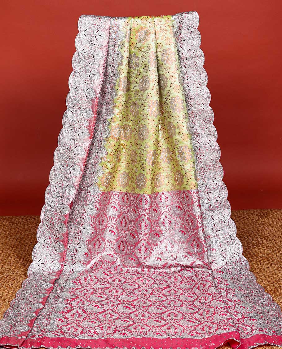 Vastrakala Pattu Green floral vine jacquard silksaree with stonework, contrast cutwork border & stonework pallu of intricate jaal design