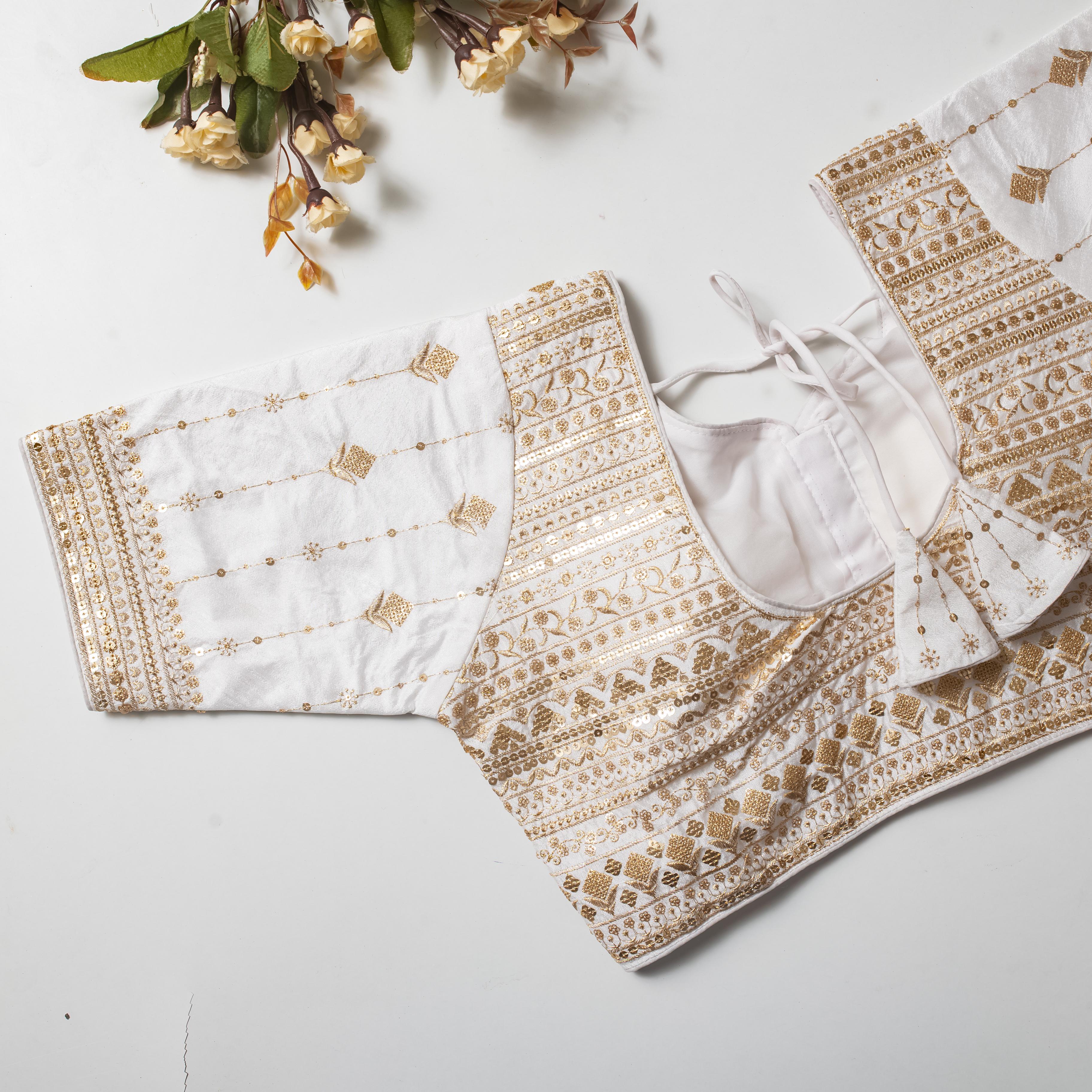 ClothsVilla White Golden Embroidered Vibrant Silk Blouse with Sequins - view 2