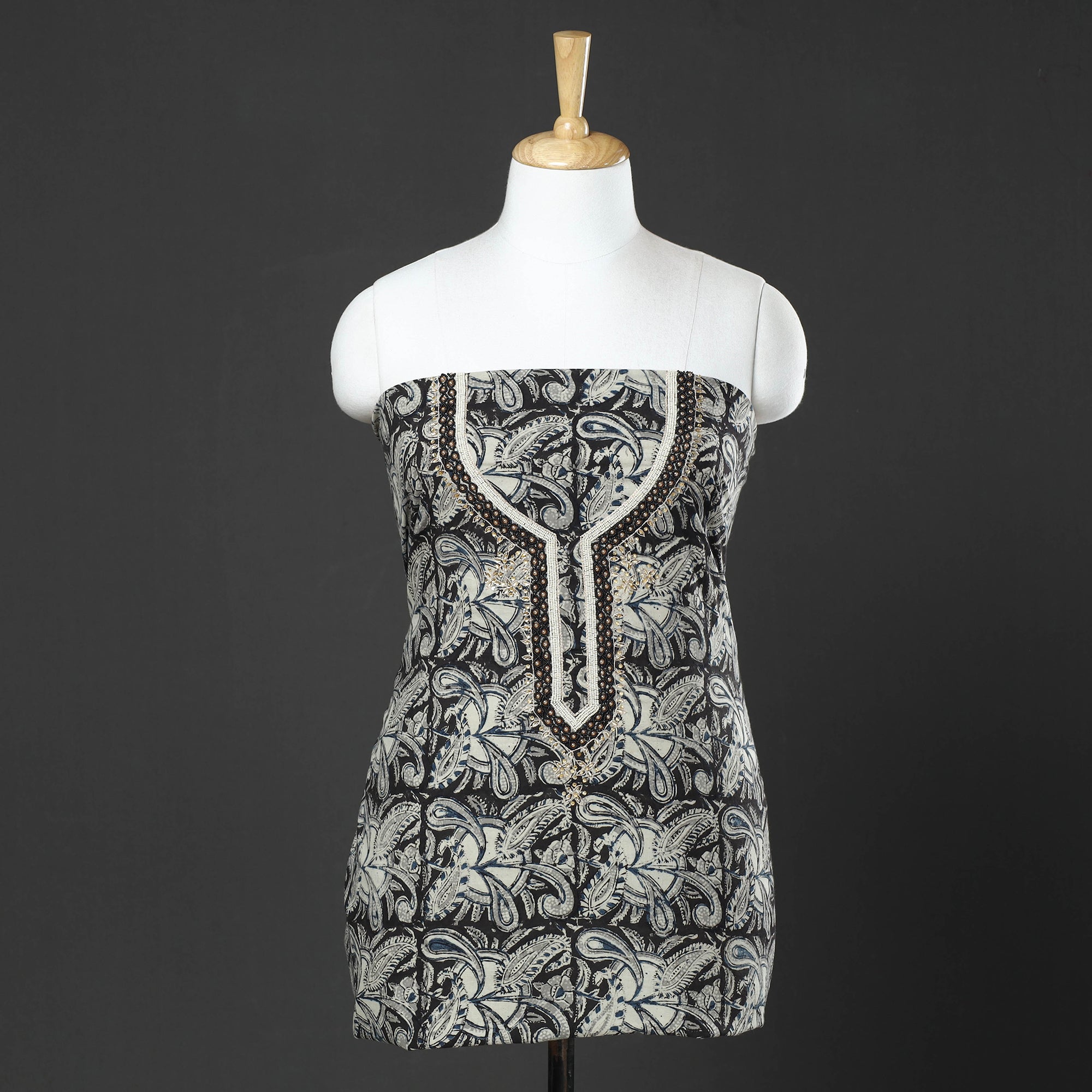 NOORI BAZAR Black - Kalamkari Block Printed Thread & Bead Work Embroidered Cotton Kurta Material - 2.6 Meter