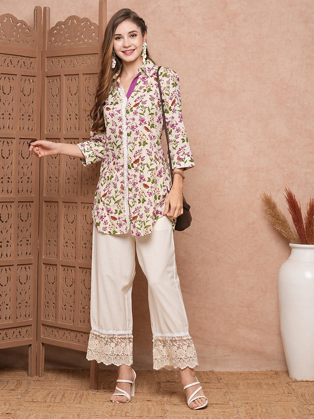 FASHOR Floral & Butterfly Printed Straight Fit Co-ord Set - Off White
