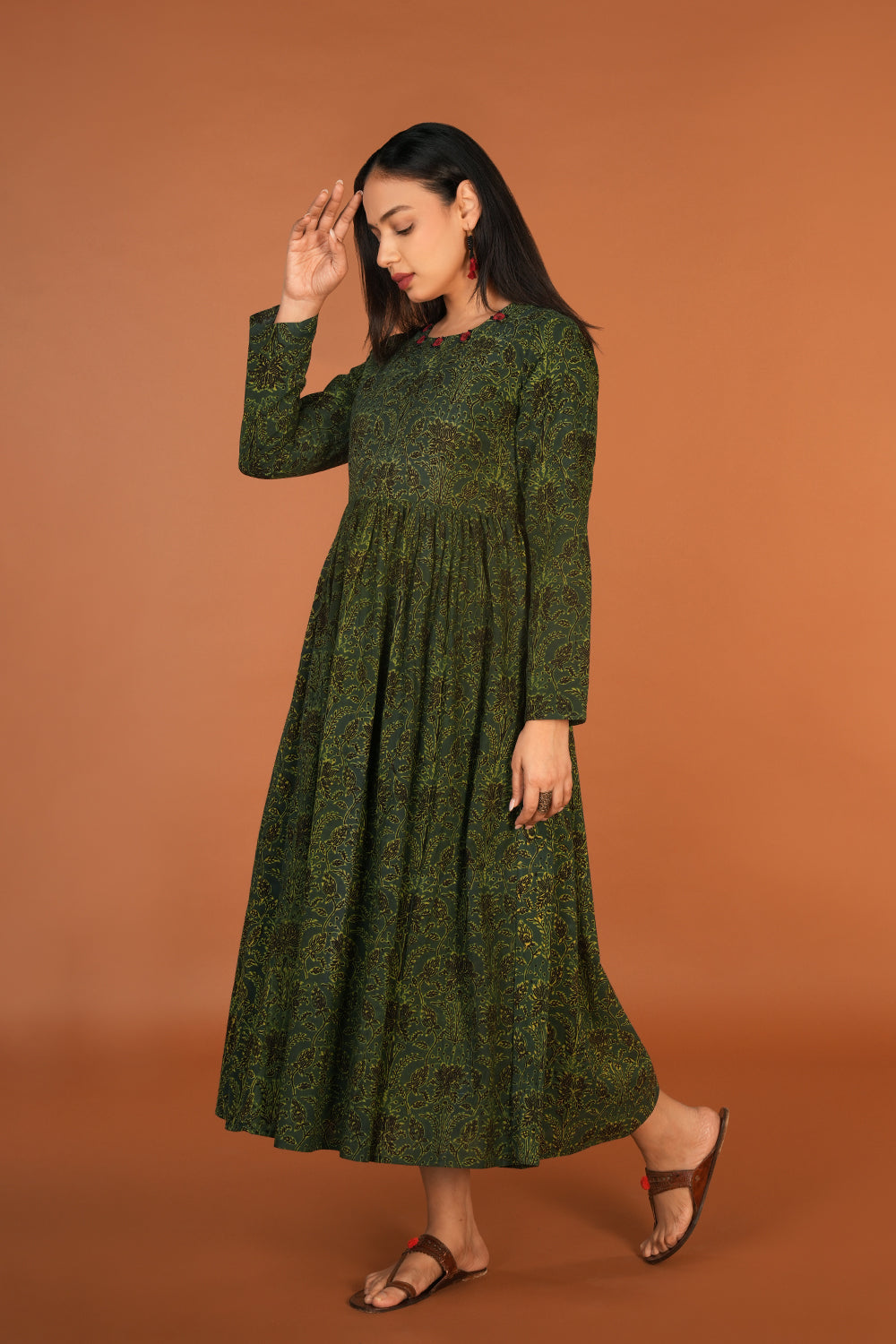 Kalanjali Ethnics Forest green Ajrak handblock printed long ethnic dress - view 2