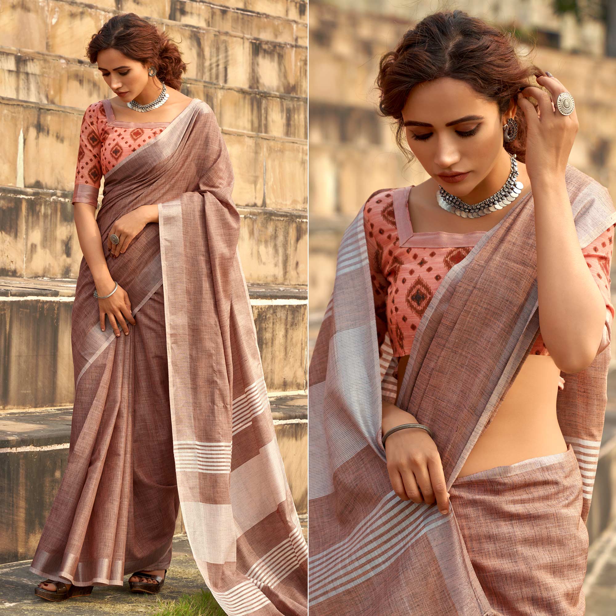 Peachmode Brown Striped Printed Linen Saree With Tassels