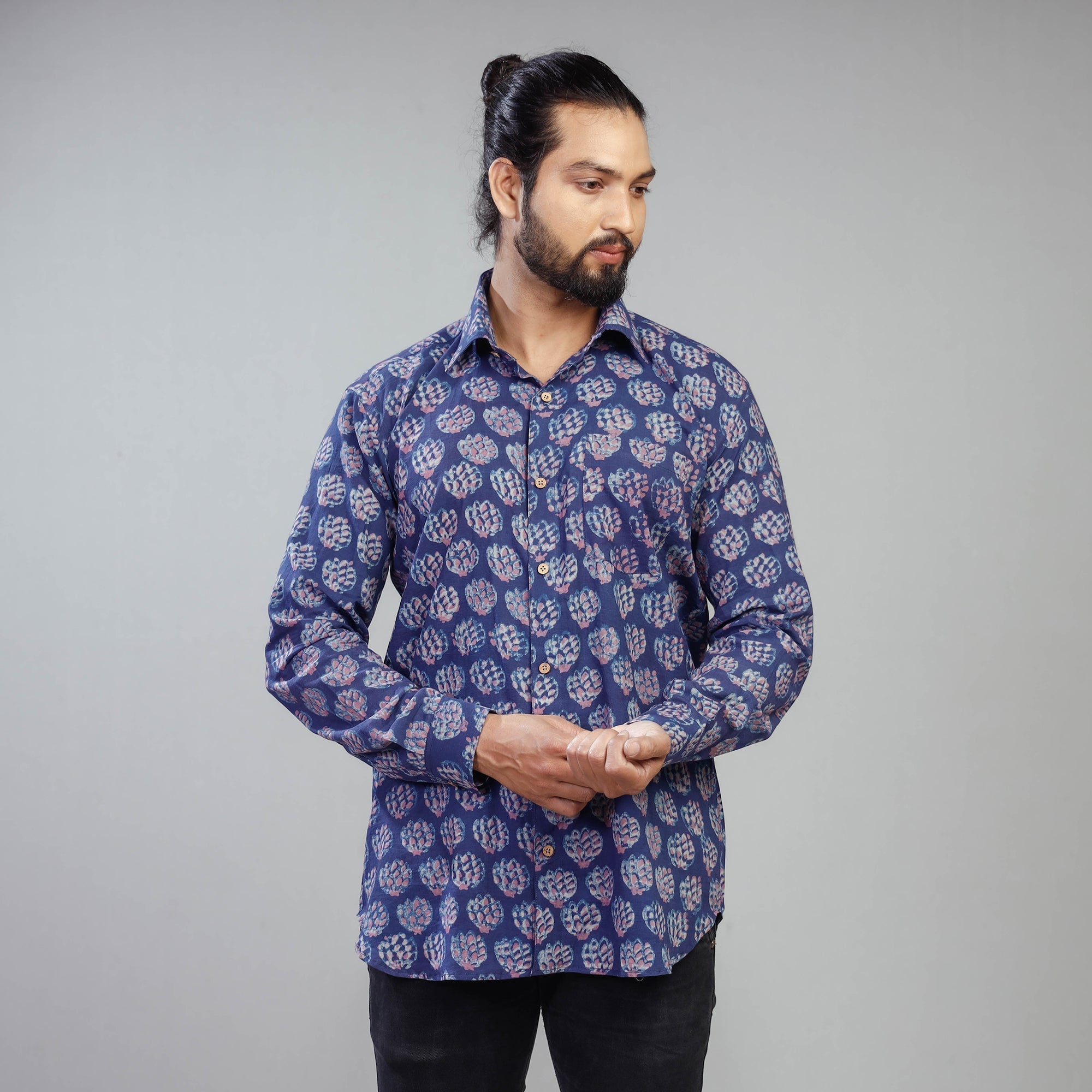 ITOKRI CASUALS Blue - Akola Block Printing Cotton Men Full Sleeve Shirt
