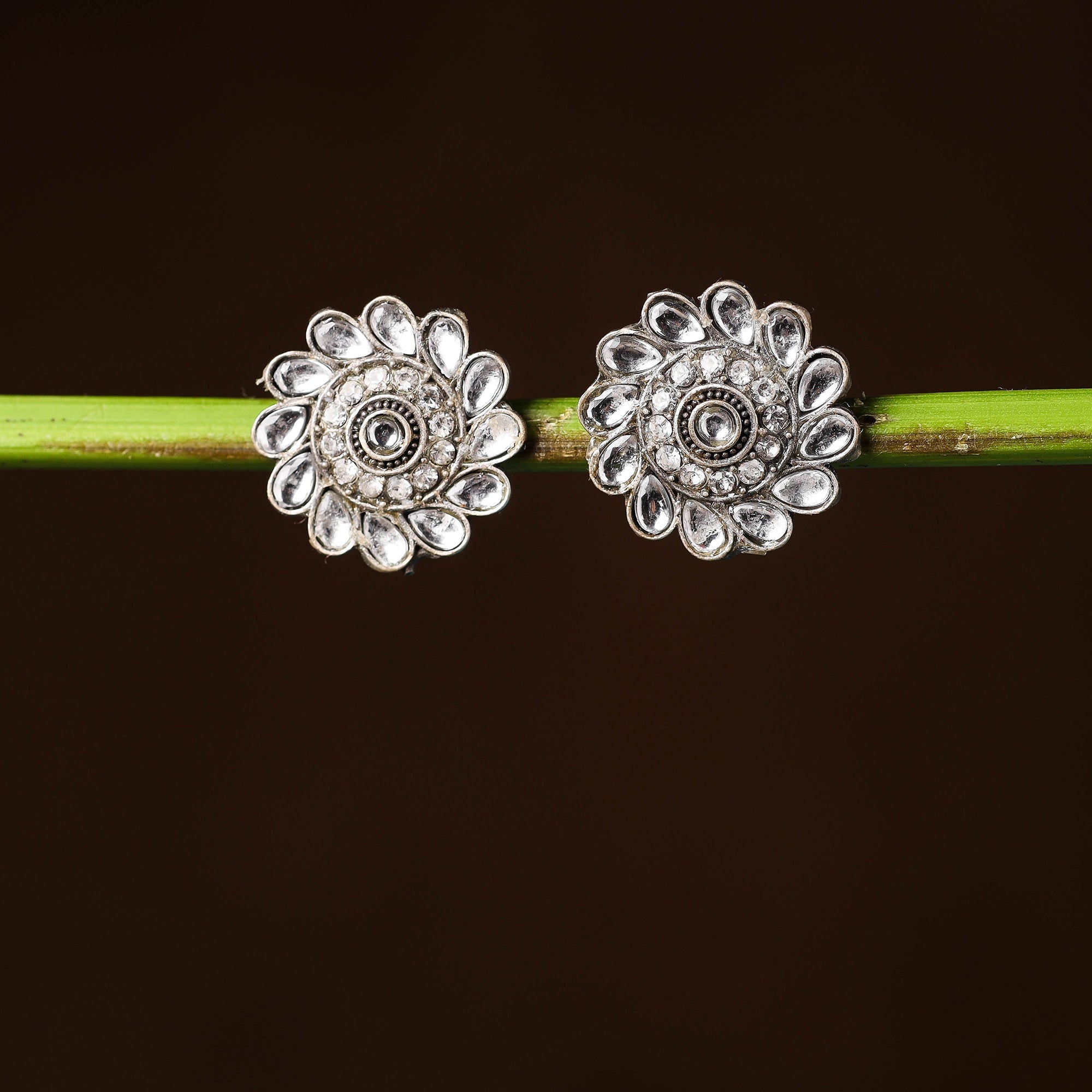 WHITE RIVER STORIES Antique Silver Finish Oxidised Brass Base Stone Work Stud Earrings