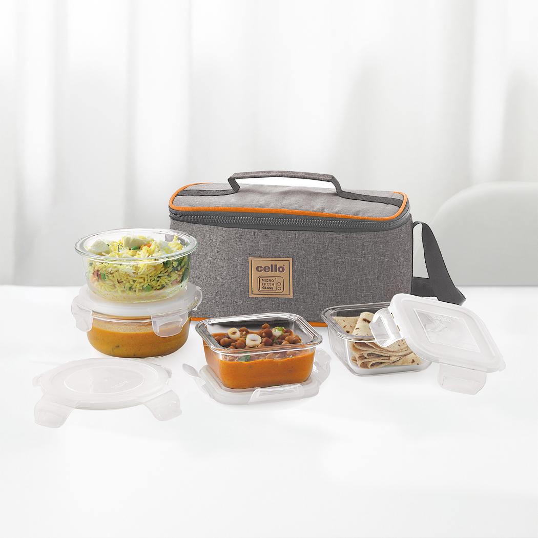 Cello Royale Borosilicate Glass Lunch Box with Jacket, Set of 4