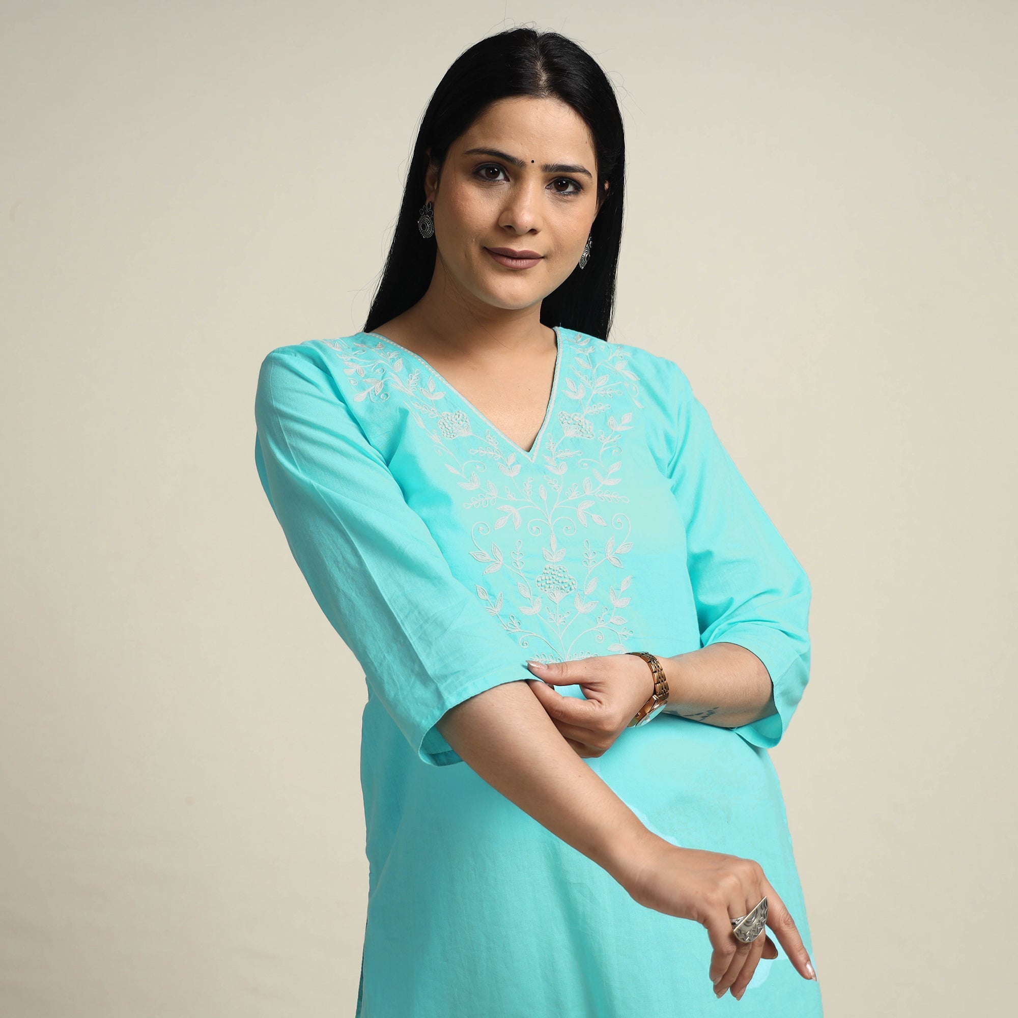 ITOKRI CASUALS Aqua Blue Hand Embroidery Plain Cotton Long Straight Kurta