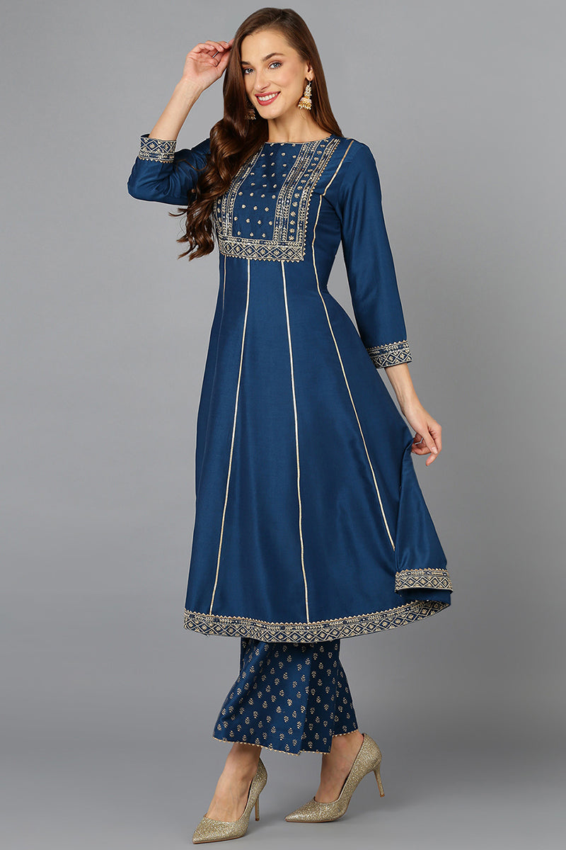 Ahika Teal Blue Silk Blend Ethnic Motifs Anarkali Suit Set PKSKD1930 - view 2