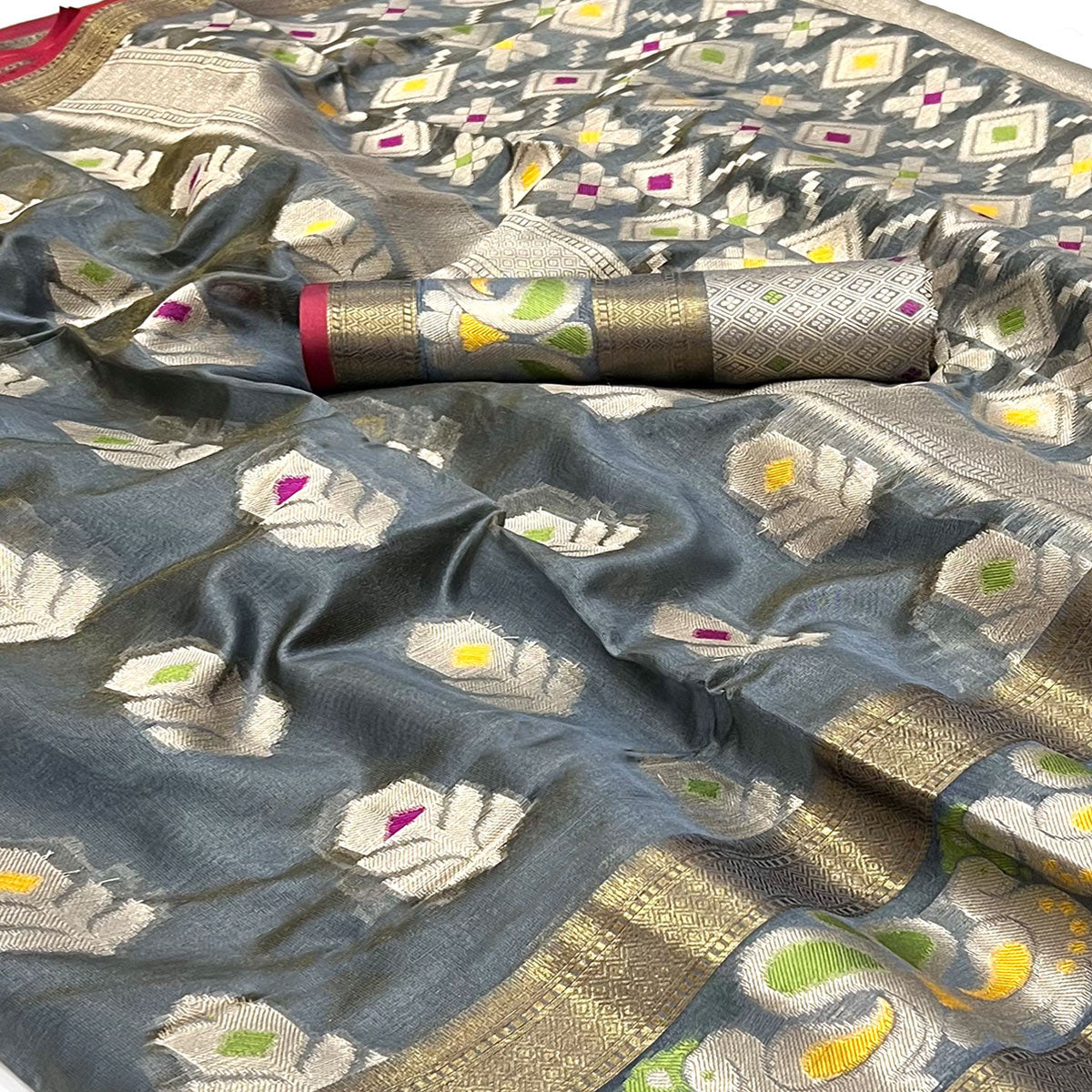 Peachmode Grey Woven Jacquard Saree – Women's - view 2