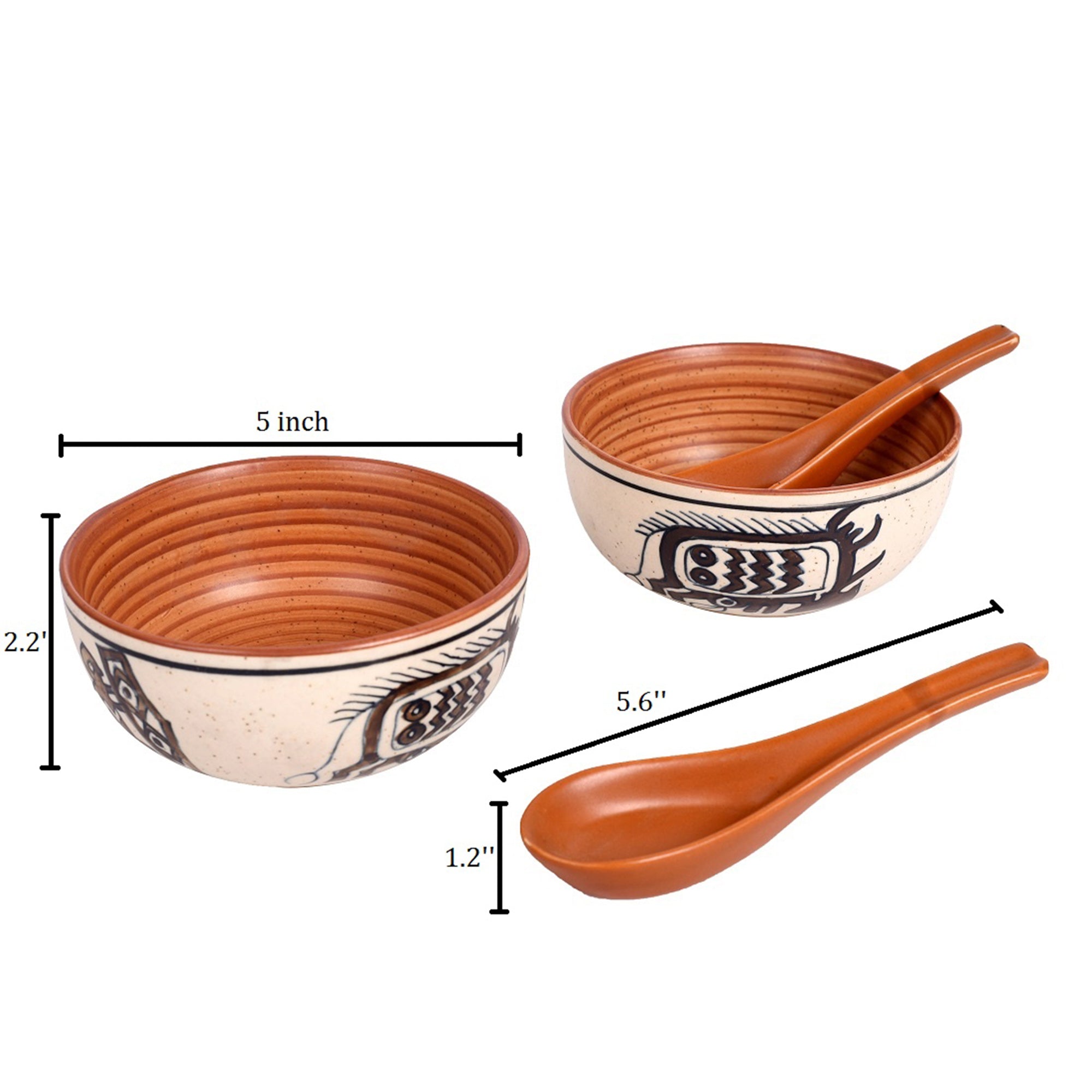 ART CREATIONS BY SUMAN SONTHALIA Beige - Soup Bowl Ceramic Tribal Motif with spoon (Set of 2) (2.2x5) - view 5