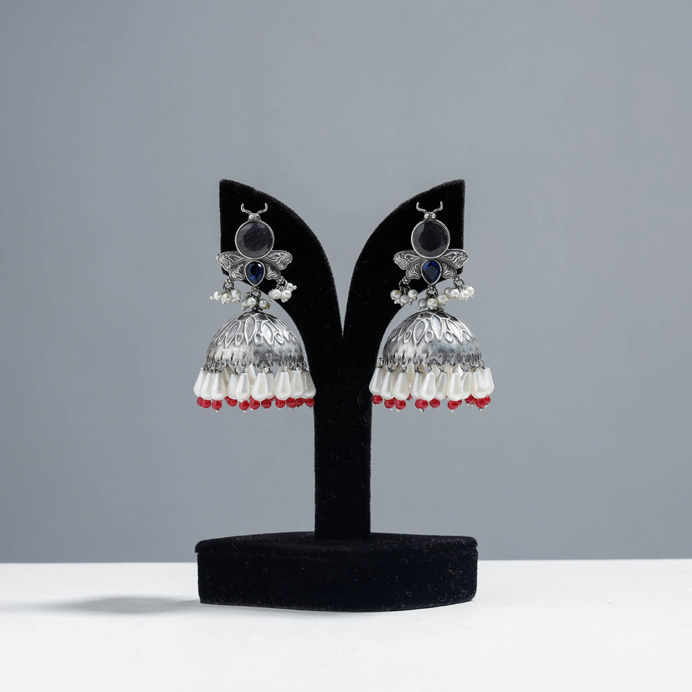 WHITE RIVER STORIES Antique Silver Finish Oxidised Brass Base Jhumki Earrings