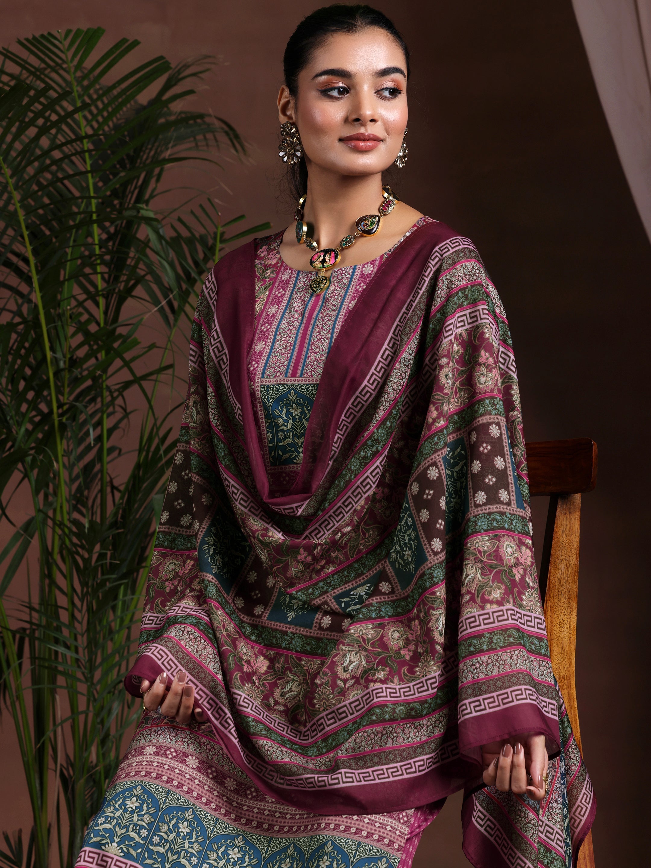 Libas Brown Printed Poly Crepe Straight Suit With Dupatta