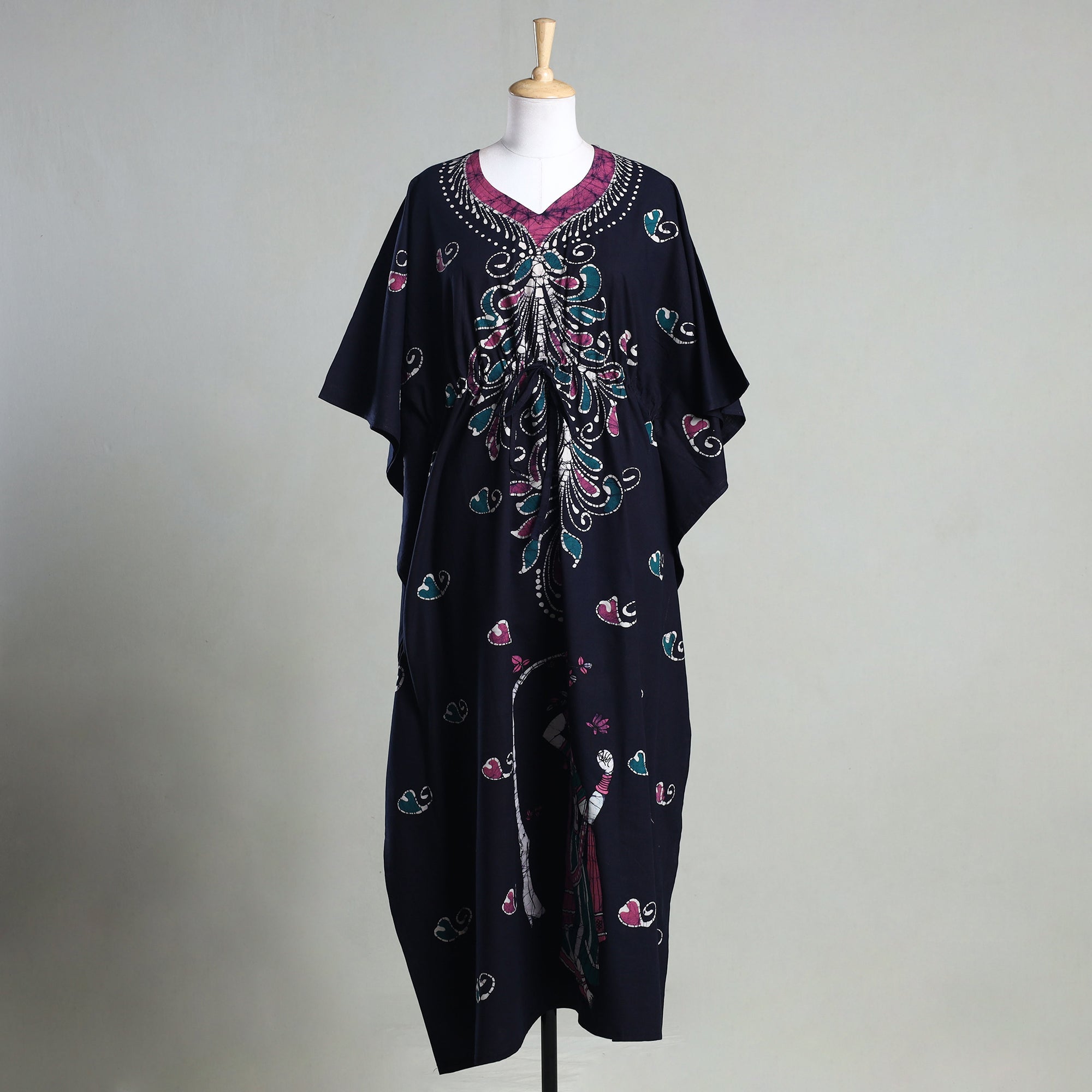 KACHCHH JI CHHAAP Black - Hand Batik Printed Cotton Kaftan with Tie-Up Waist (Long)