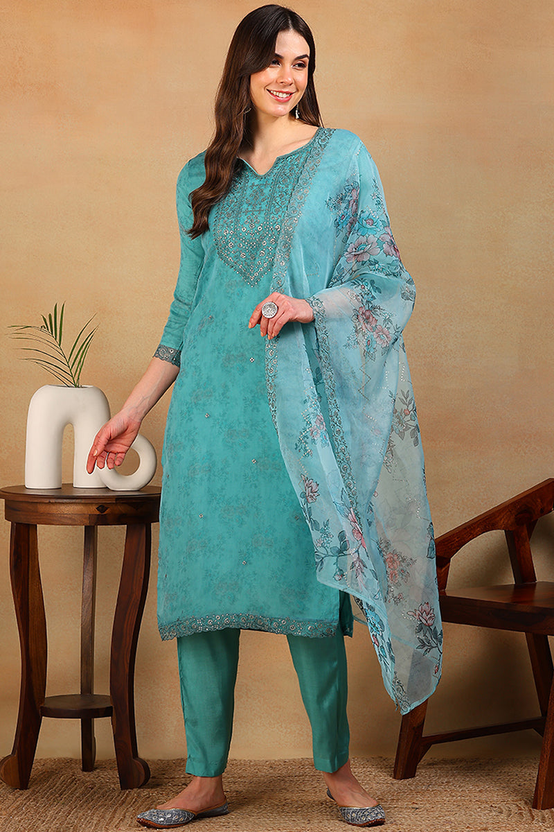 Ahika Turquoise Blue Organza Floral Embroidered Straight Regular Suit Set PKSKD2312 - view 2