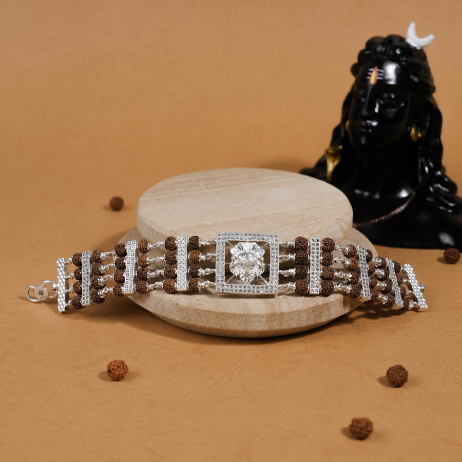 Prinjal Jewellers Rudraksha Silver Roaring Lion Four Linne Bracelet - view 2