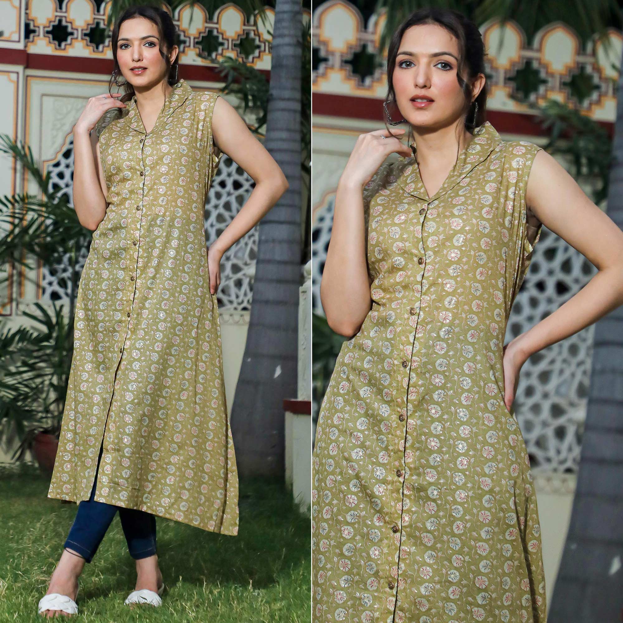 Green dresses – BlackTree green-floral-foil-printed-pure-cotton-dress