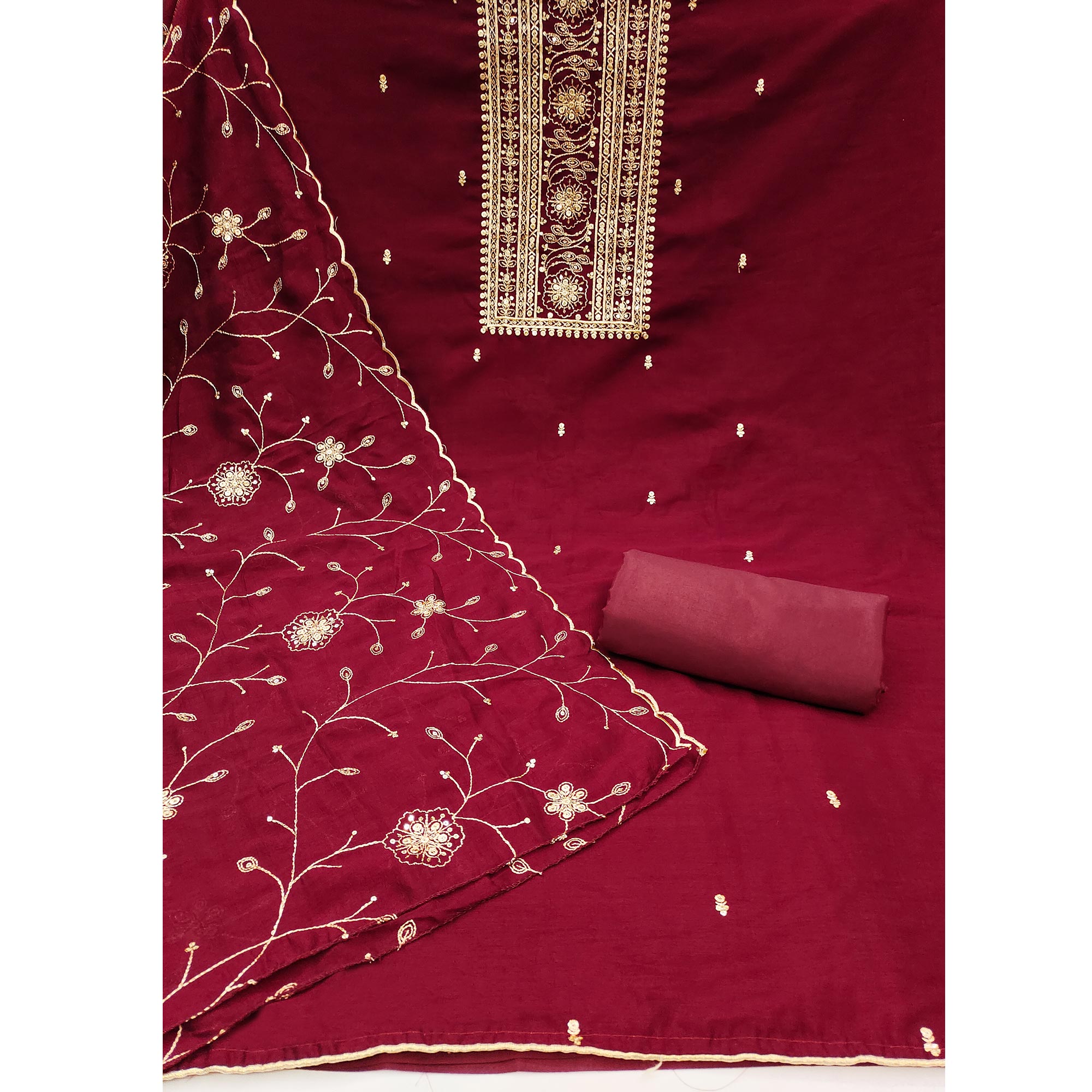 Peachmode Maroon Sequins Embroidered Chinon Dress Material - view 3