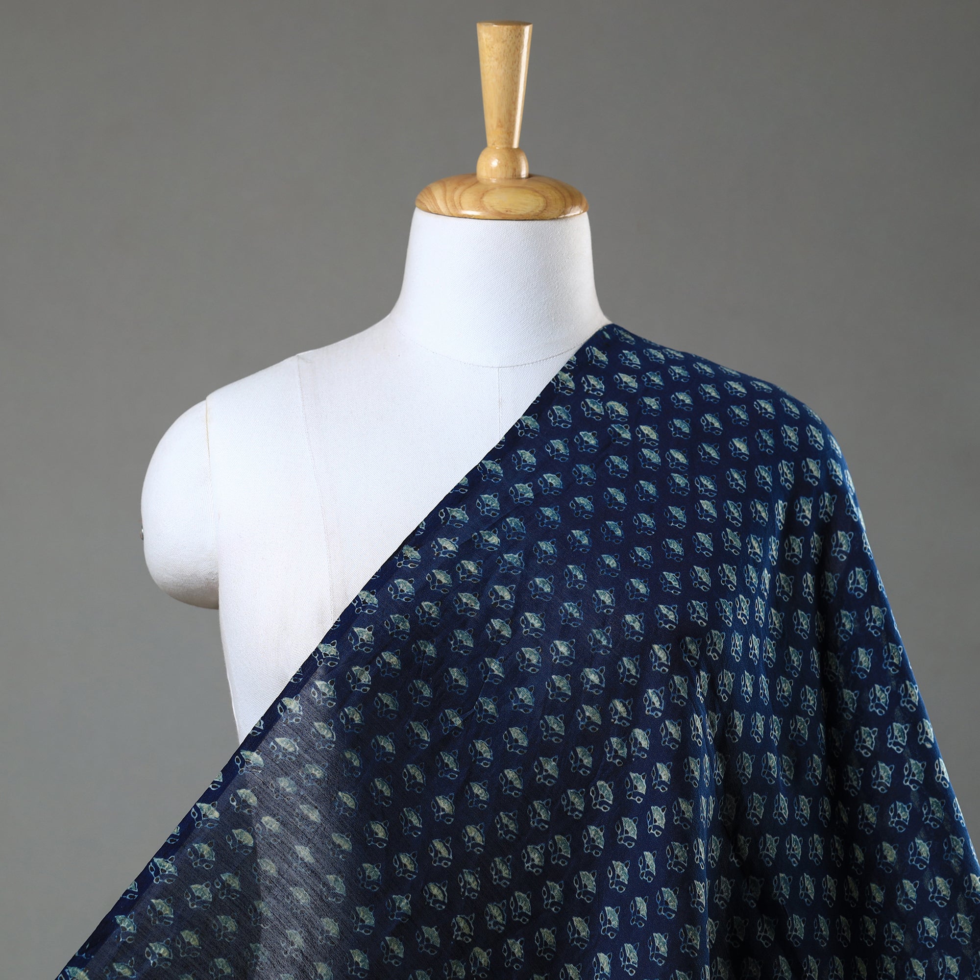 AJRAKH BY SUFIYAN ISMAIL KHATRI Blue - Ajrakh Block Printed Natural Dyed Chanderi Silk Fabric 07