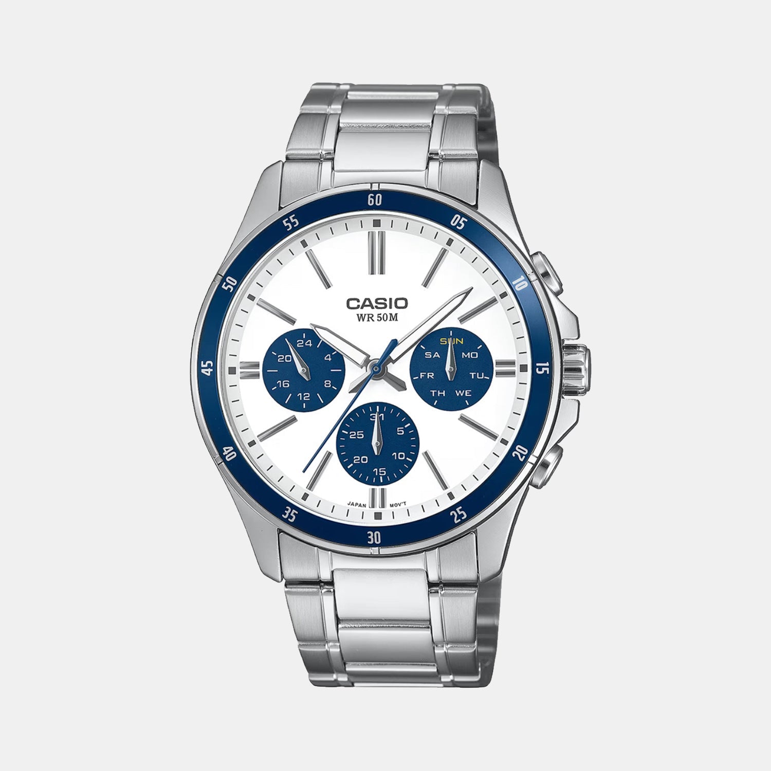 Casio Enticer Men Quartz White & Blue Dial Multi-Function Stainless Steel Watch A2348