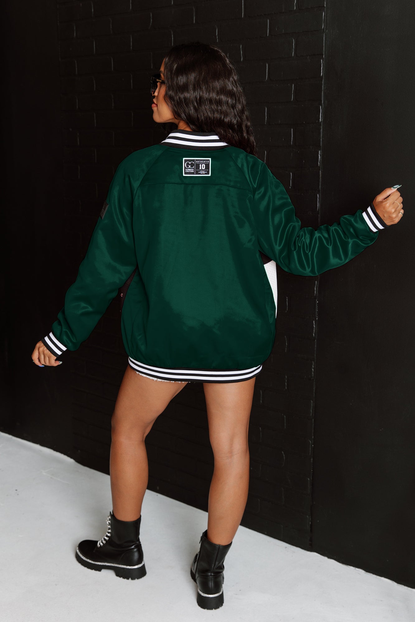 GC X NFL Green Bay Packers Hot Shot Mixed Media Throwback Varsity Bomber Jacket With Rhinestone Inserts - view 6