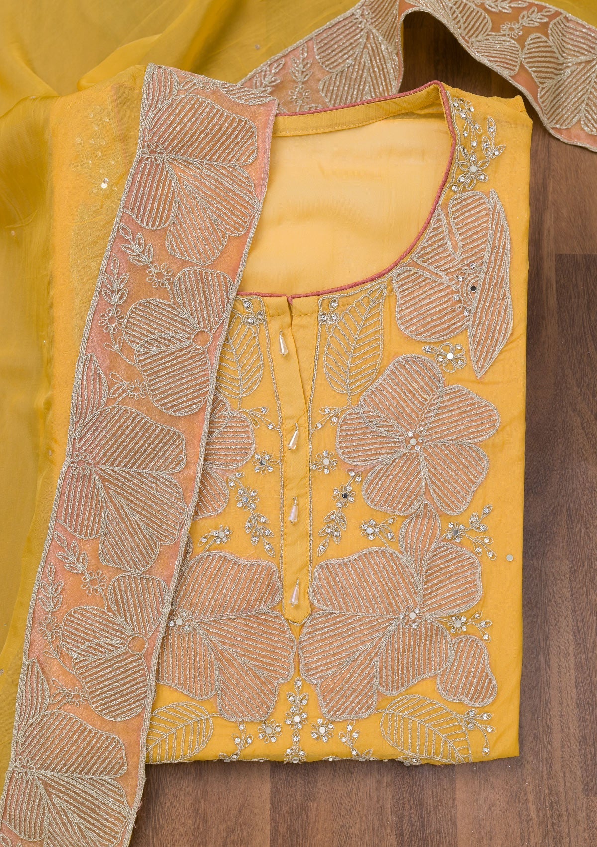 Koskii Mustard Zariwork Semi Crepe Unstitched Salwar Suit - view 6