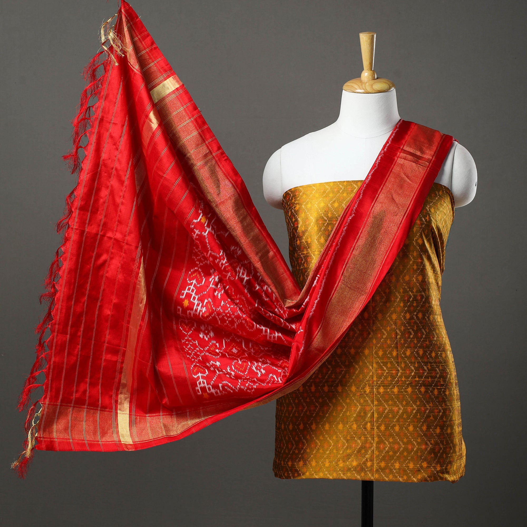 SOUTH KARGHA Brown - 2pc Mulberry Silk Pochampally Ikat Dress Material Set 07