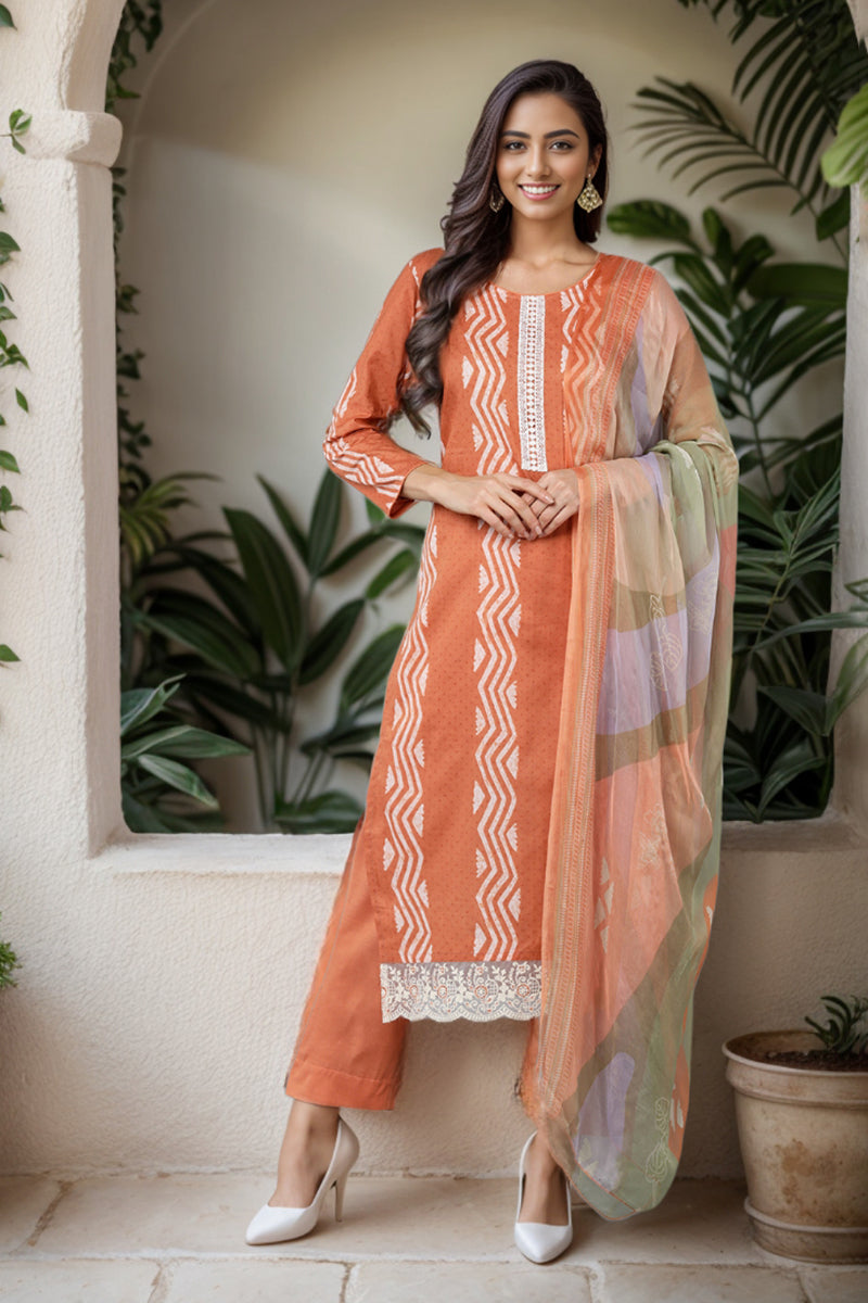Ahika Orange Silk Blend Straight Suit Set VKSKD1837