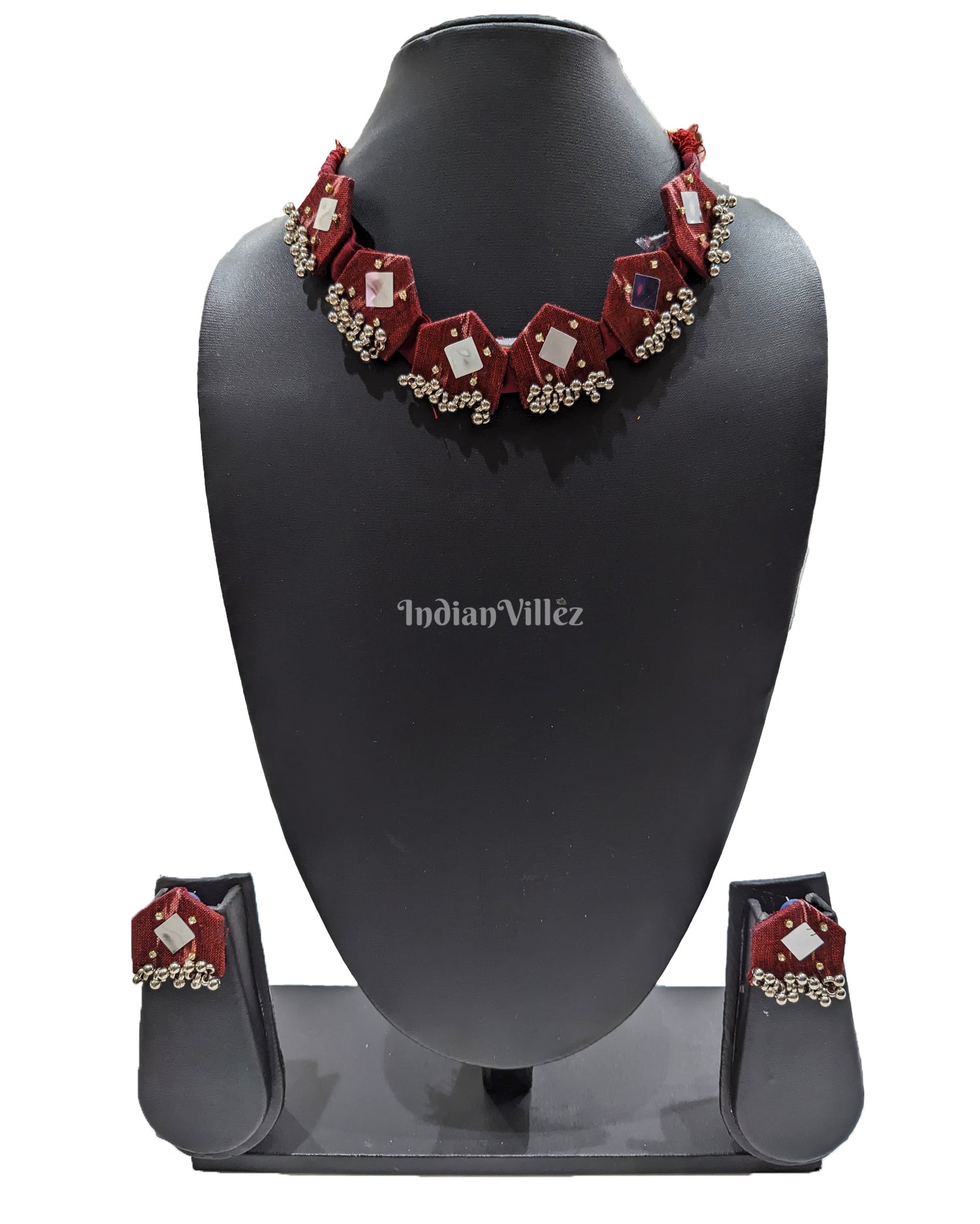 Necklace earrings set – IndianVillèz Maroon Silver Beads Sambalpuri Fabric Choker Jewellery - Necklace & Earrings Set