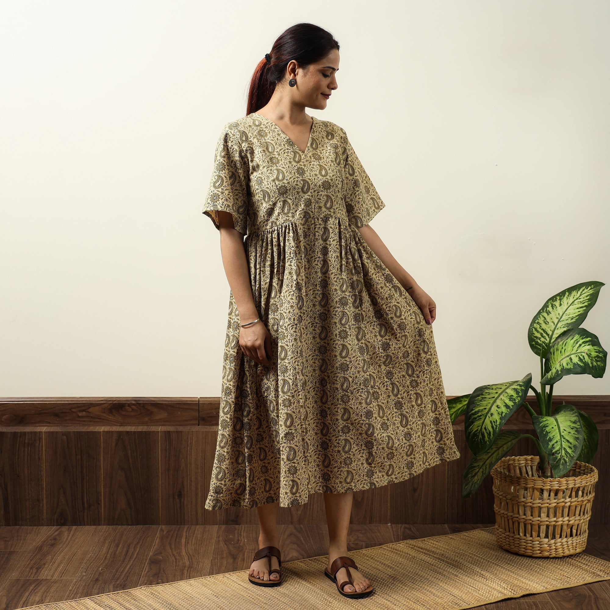 ITOKRI CASUALS Beige - Kalamkari Block Printed Cotton Flared Gher Dress 03 - view 2