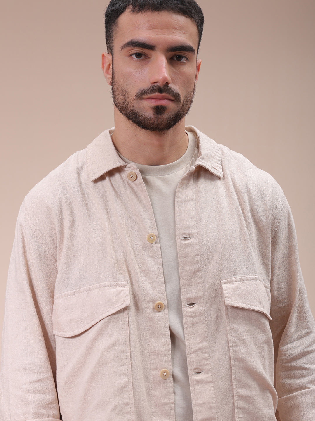 The Indian Garage Co Men's Khaki Regular Fit Solid Overshirt