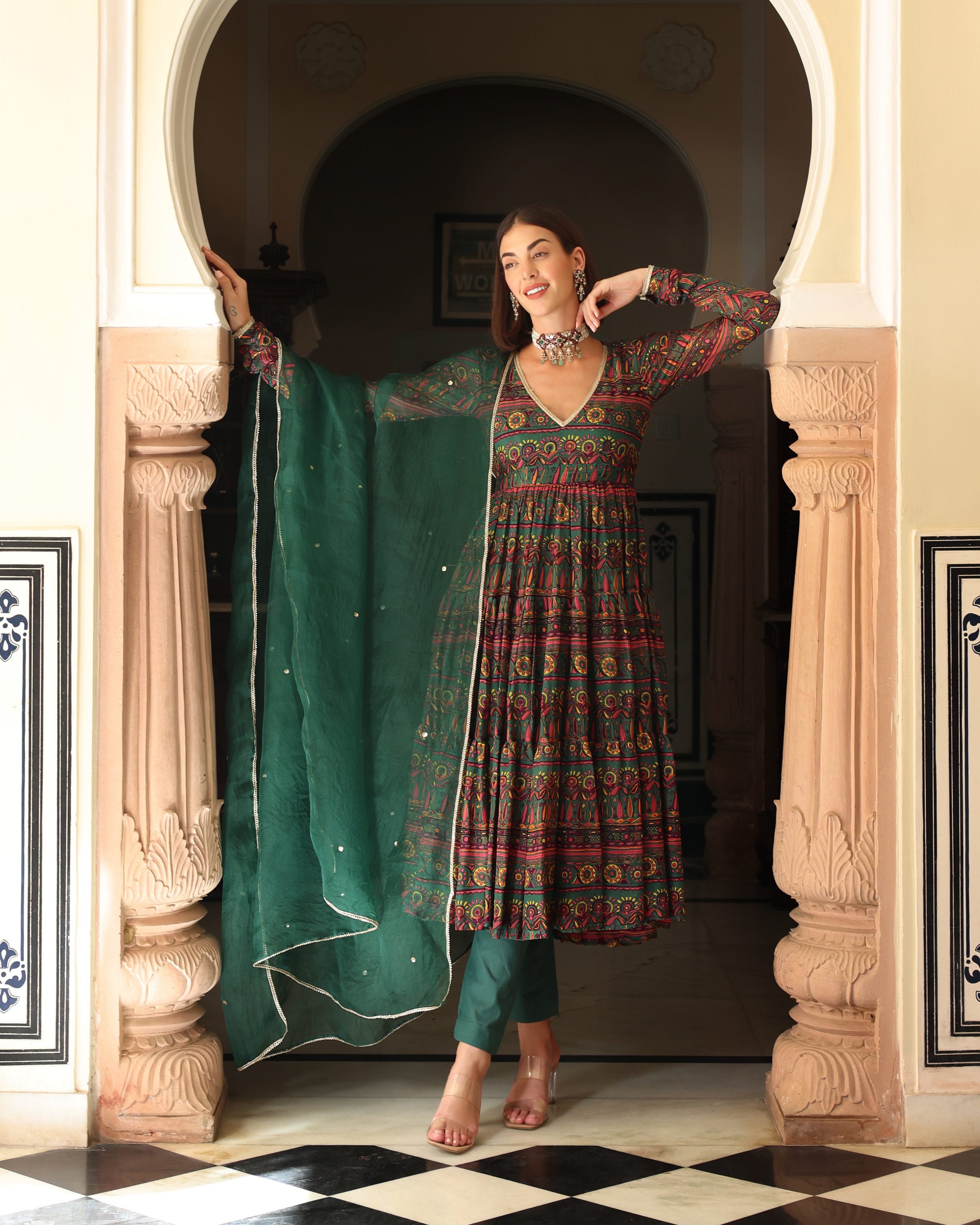 Aachho Dune Green Printed Chinon Suit Set - view 5